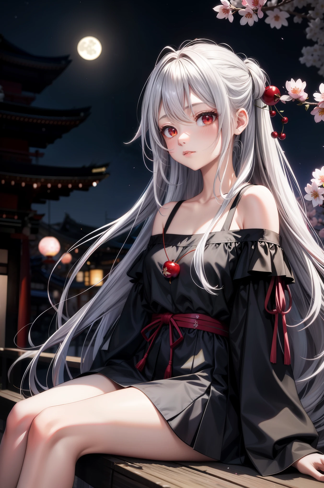 anime, one girl, silver hair, Hair is tangled, red eyes, Kyoto, cherry blossoms、petal、moon, black t-shirt, off shoulder, sitting, alone,