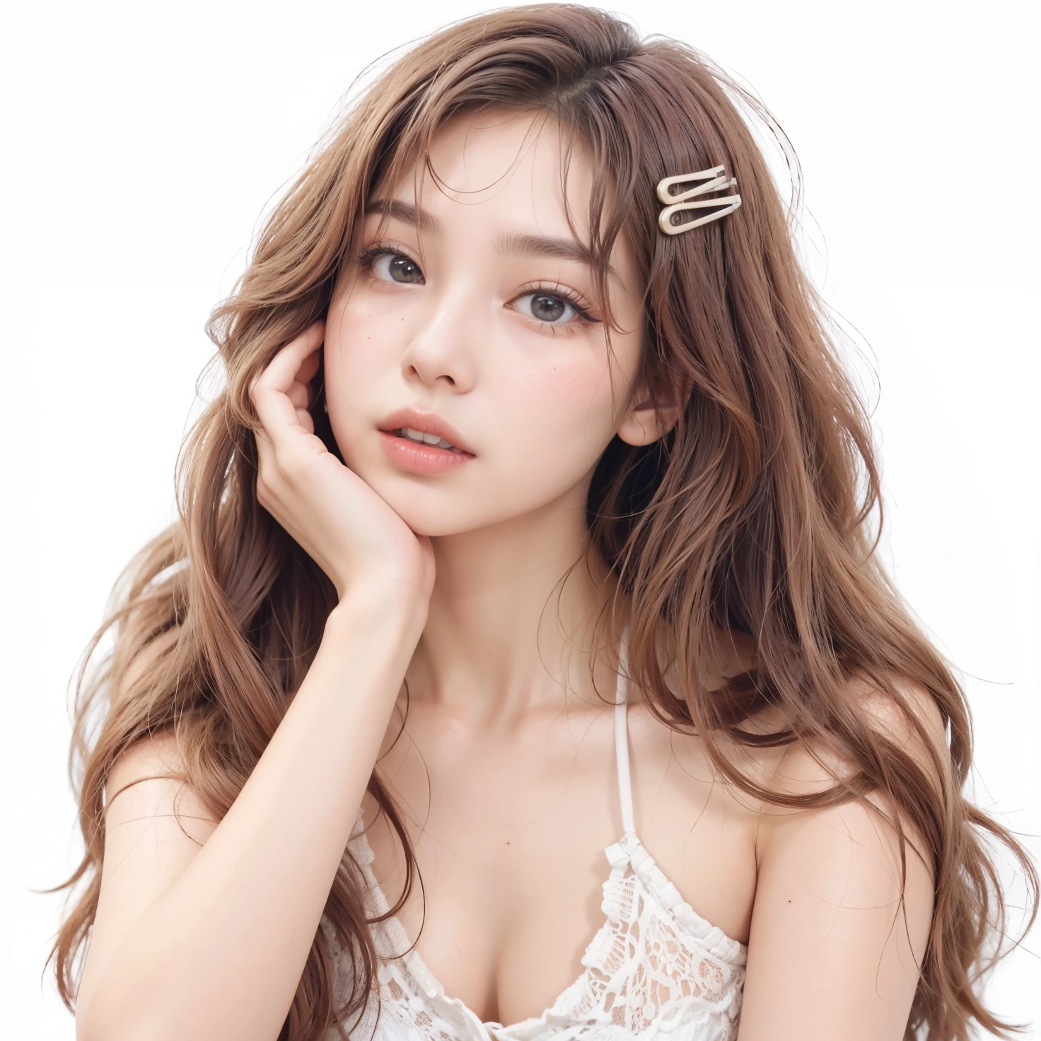um close up de uma mulher com longos cabelos ruivos e um top rosa, com cabelo ruivo cacheado, lalisa manobal, Ulzzang, maquiagem coreana popular, maquiagem sul-coreana popular, dynamic wavy hair, franja encaracolada, Jaeyeon Nam, com cabelos longos e cacheados, cabelo ondulado ruivo, estacionar a partir de-min, cabelos ondulados espalhados, cabelo castanho coral