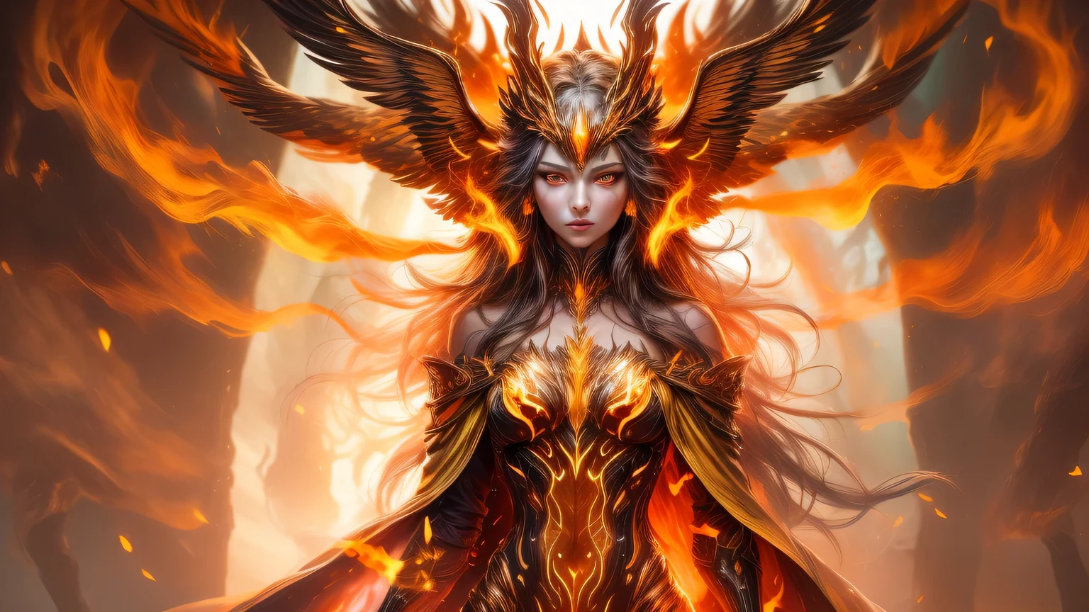 that is a realistic fantasy work with a striking expression of realistic fire.., including flames, hot burning embers, Subtle acting, And the beautiful fire druid. ((Full body view)) Druid stands in the middle of a raging hell with an interesting composition... her face is expertly sculpted, Elegant, sophisticated features and perfect shading, big bust, careful, realistic skin texture. her (orange and gold eyes) that'It's absolutely stunning and the focus of this image.. (her eyes extremely detailed, beautiful and delicate eyes, and macro). her eyes feature intricate detailing with clearly defined irises and bright sclera. her soft lips are smooth and very puffy, her 피부는 가벼운 홍조와 화려한 불꽃 디테일로 장식되어 있습니다.. her long gown is stunning and expensive, The aura of the fire spirit king behind her, Made of pure fire and sparkle., Gorgeous jewels sparkling in the light. her billowing gown glitters from the flames and features a delicately and intricately embroidered bodice with wisps of flames running across it. Contains fantasy elements such as bumps.., rock, burning rainbow light, light나는 불씨, silk, And an interesting background. The firebird radiates magical and mystical energy.., Contains fiery magical creatures such as the Fire Butterfly... light: 예술 작품의 아름다움을 향상시키기 위해 light의 최신 트렌드를 활용. camera: Use dynamic compositions to create a sense of urgency and excitement... Get inspired by current masters of the fantasy genre, Includes popular artists from Artstation and Midjourney. ((masterpiece))