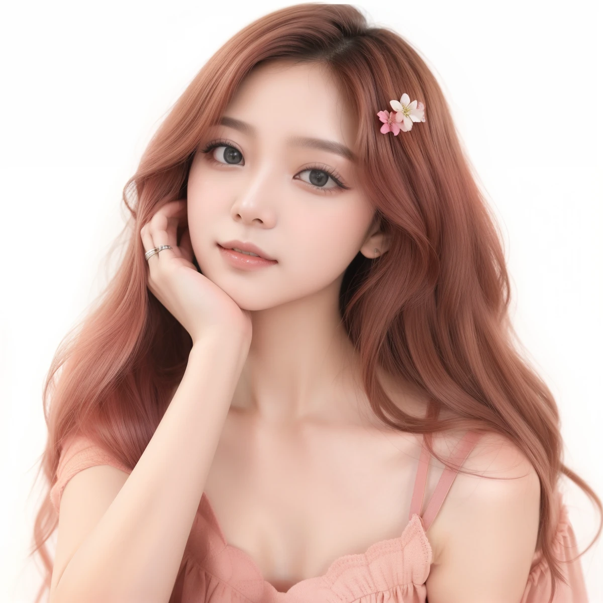 um close up de uma mulher com longos cabelos ruivos e um top rosa, com cabelo ruivo cacheado, lalisa manobal, Ulzzang, maquiagem coreana popular, maquiagem sul-coreana popular, dynamic wavy hair, franja encaracolada, Jaeyeon Nam, com cabelos longos e cacheados, cabelo ondulado ruivo, estacionar a partir de-min, cabelos ondulados espalhados, cabelo castanho coral