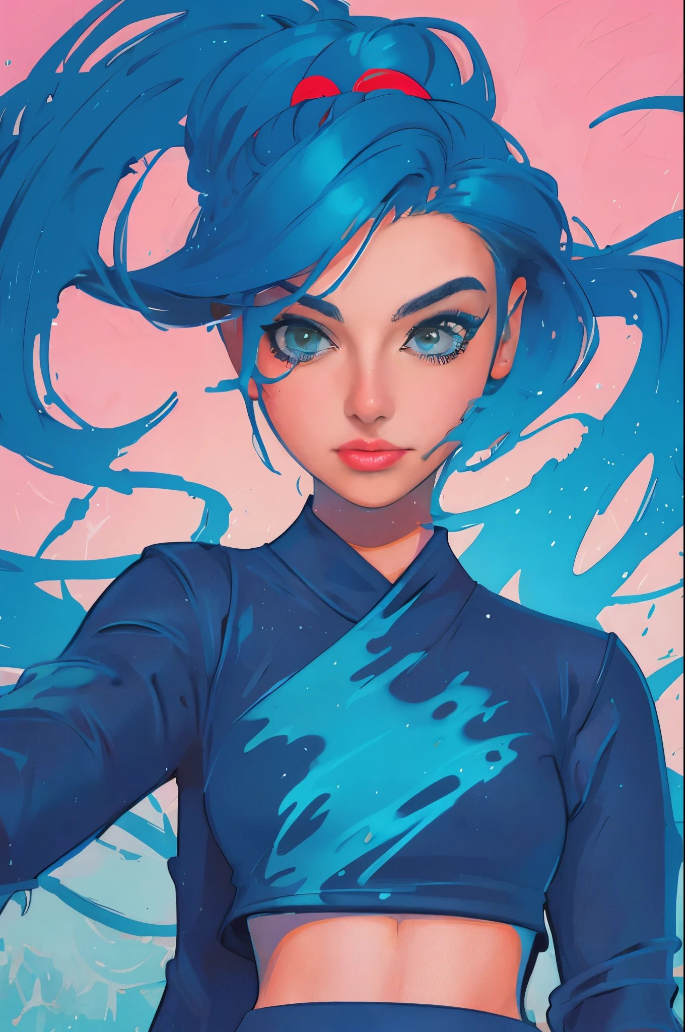 samdoesarts style award winning half body portrait of a beautiful woman in a croptop and cargo pants with ombre navy blue teal hairstyle with head in motion and hair flying, paint splashes, splatter, outrun, vaporware, shaded flat illustration, digital art, trending on artstation, highly detailed, fine detail, intricate