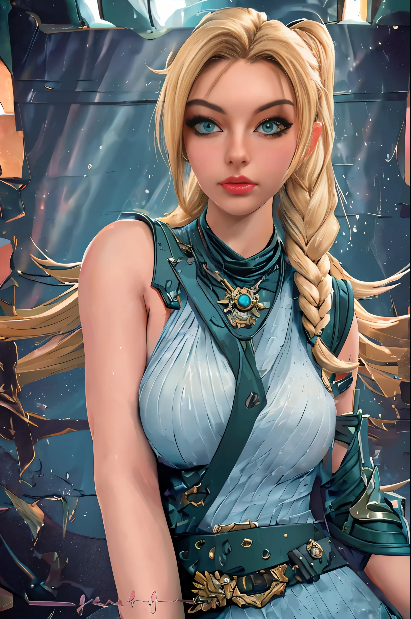 samdoesarts style award winning half body portrait of a beautiful woman in a croptop and cargo pants with ombre navy blue teal hairstyle with head in motion and hair flying, paint splashes, splatter, outrun, vaporware, shaded flat illustration, digital art, trending on artstation, highly detailed, fine detail, intricate