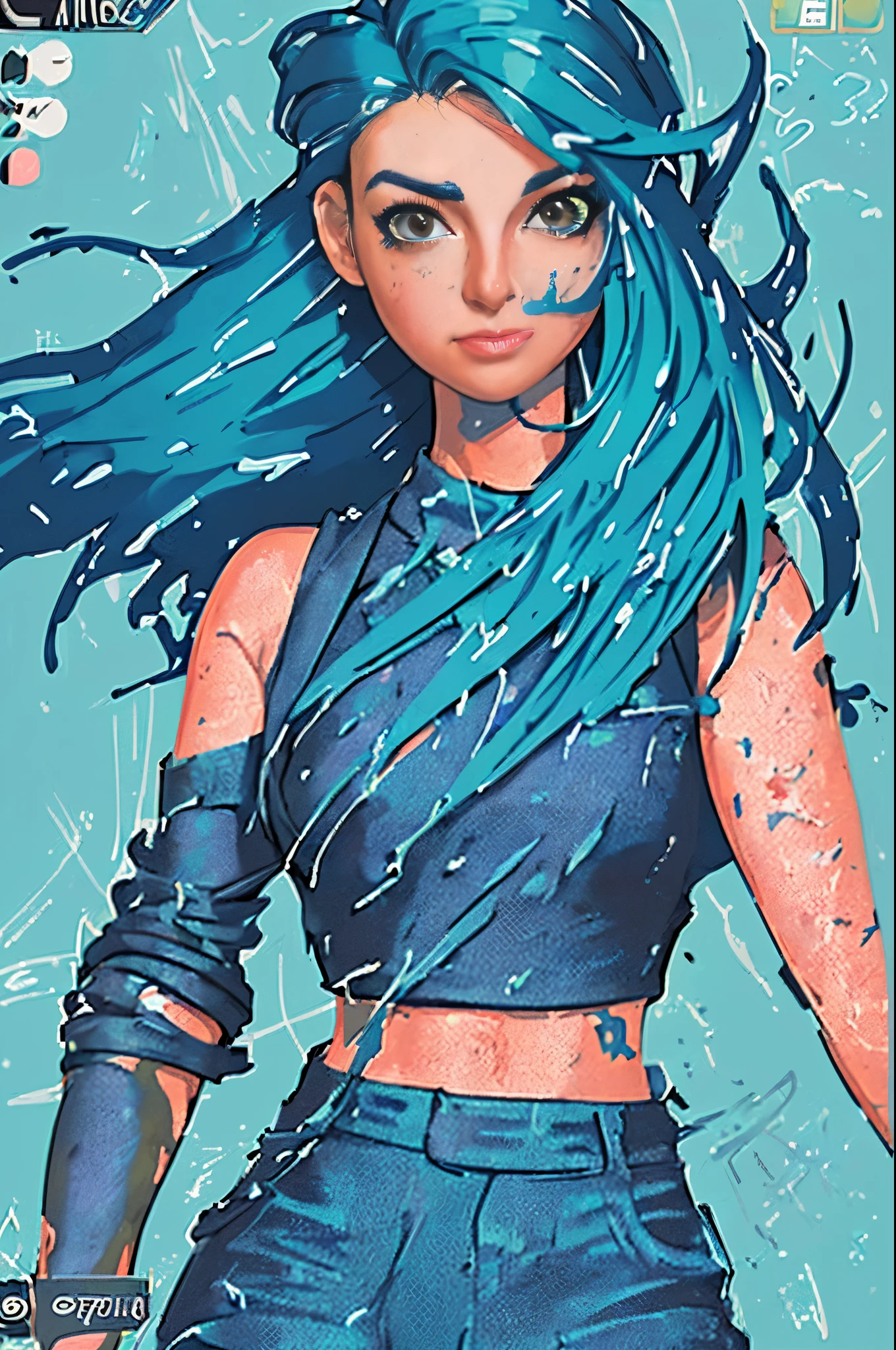 samdoesarts style award winning half body portrait of a beautiful woman in a croptop and cargo pants with ombre navy blue teal hairstyle with head in motion and hair flying, paint splashes, splatter, outrun, vaporware, shaded flat illustration, digital art, trending on artstation, highly detailed, fine detail, intricate