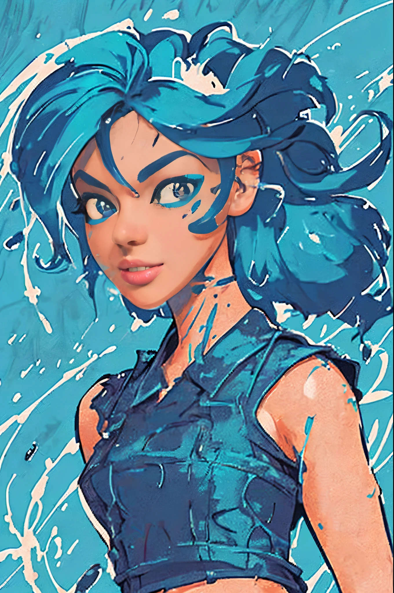 samdoesarts style award winning half body portrait of a beautiful woman in a croptop and cargo pants with ombre navy blue teal hairstyle with head in motion and hair flying, paint splashes, splatter, outrun, vaporware, shaded flat illustration, digital art, trending on artstation, highly detailed, fine detail, intricate