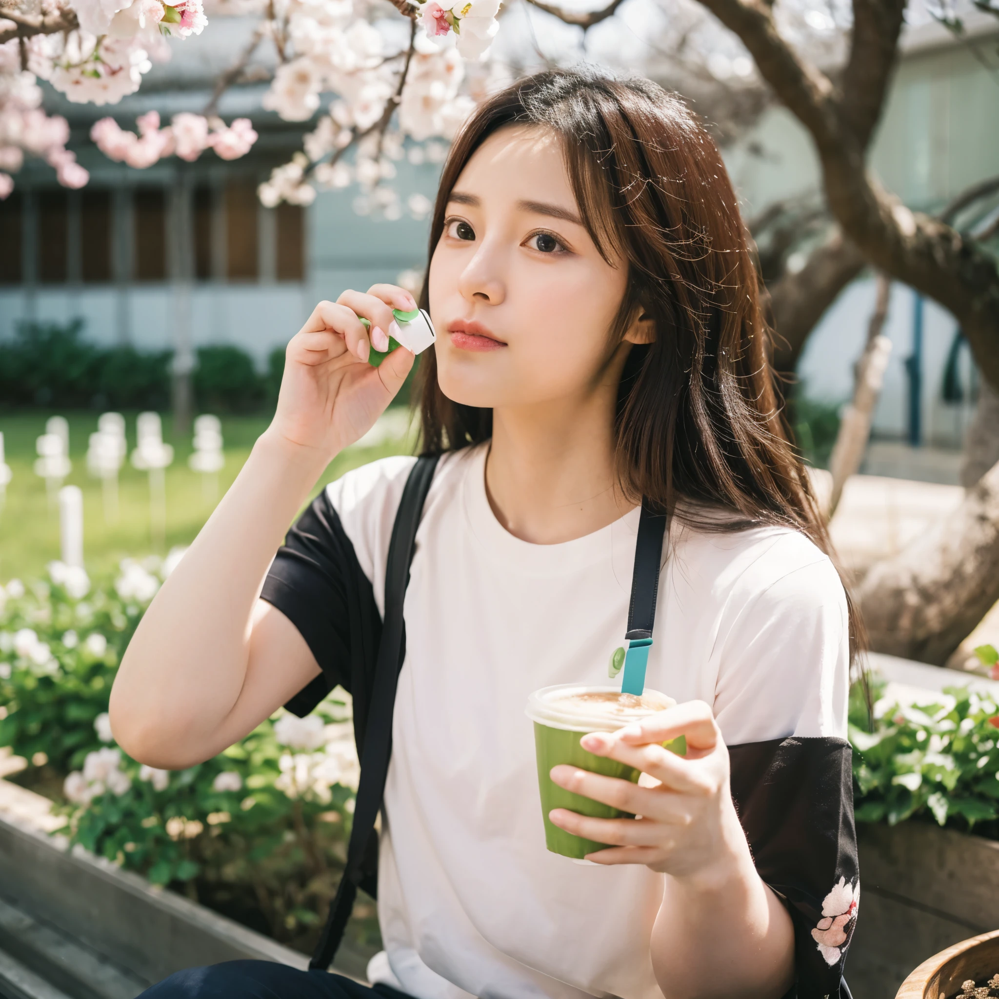 was in the cherry blossom garden, sitting in the garden, wearing a white t-shirt with the ''Nena'' logo. with a 23 year old woman, wearing a white t-shirt with the ''Zenal'' logo, a green headscarf, in front of her there is a glass of coffee and an Apple cell phone on the table, her face facing forward with a realistic HD background of a cherry blossom garden above her, photo very real, bokeh, natural,