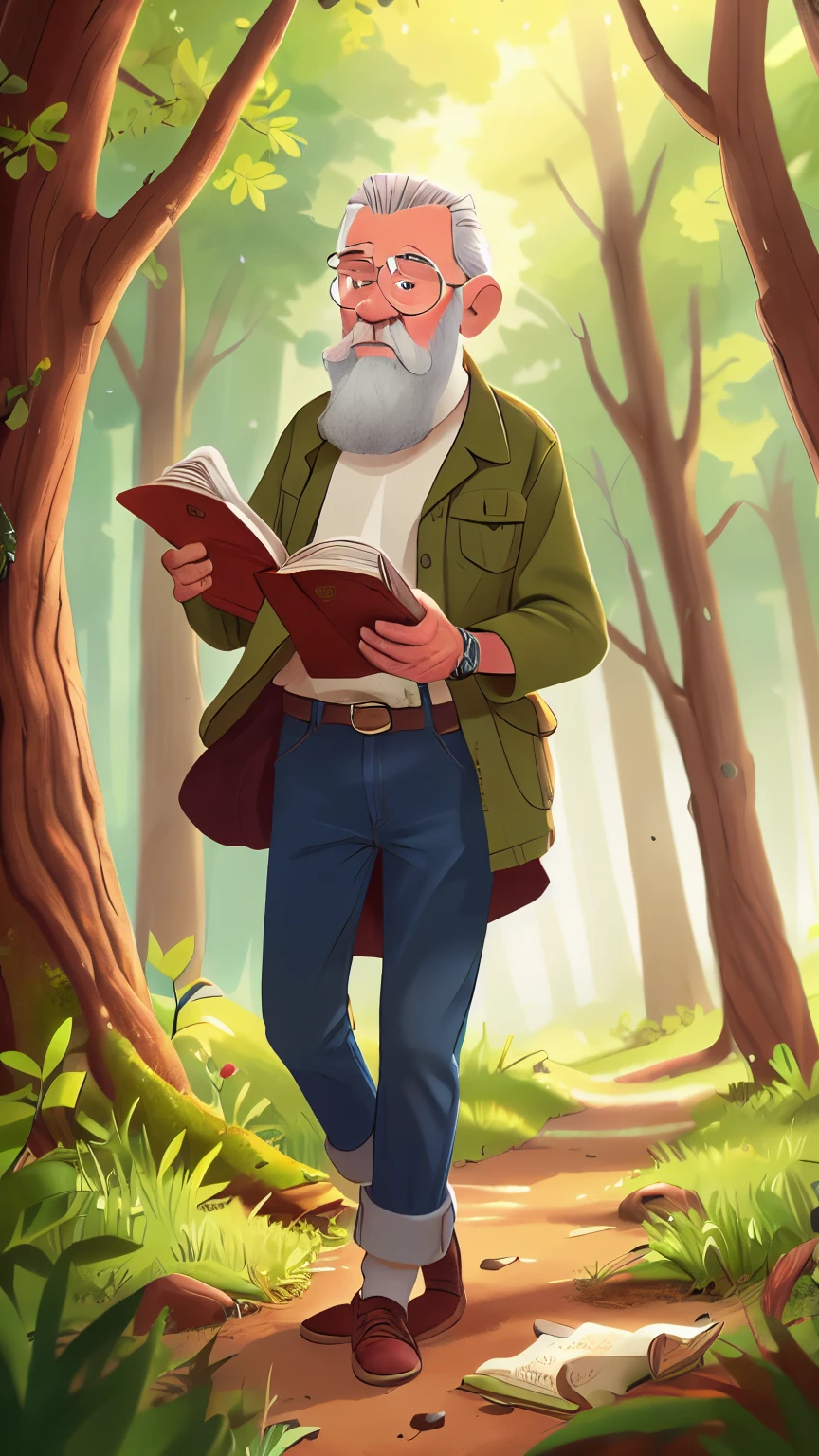 An elderly male philosopher with a white beard wearing jeans and shirt in the forest and with book in his hand 