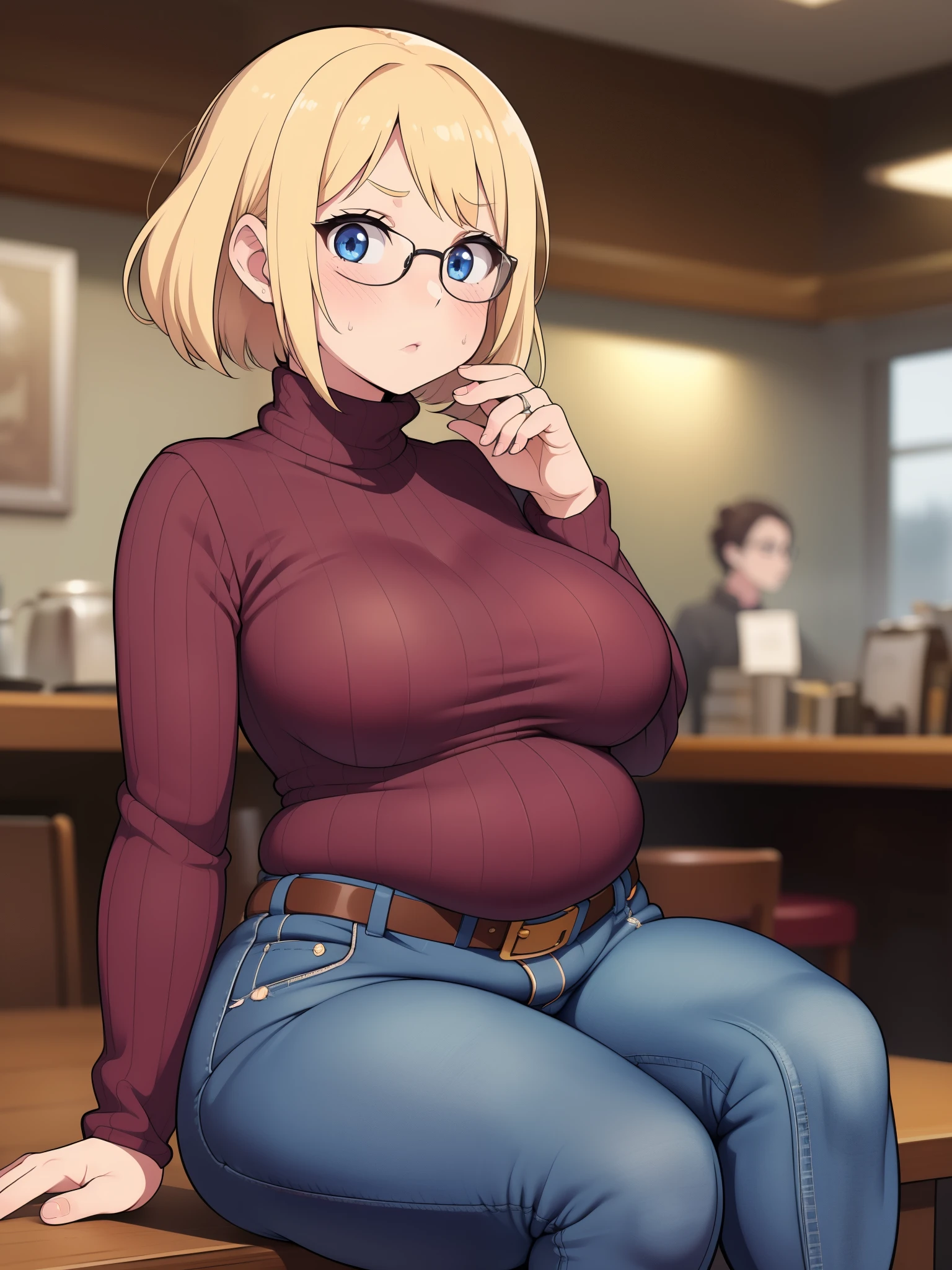 ((Masterpiece)), perfect anatomy, perfect shading, field of depth, (best quality), extremely delicate and beautiful, perfect lighting, detailed face, ultra cute face, cute, (cowboy shot 1.2), turned to the side, (((1girl))), ((solo)), looking at viewer,
short hair, fluffy hair, blonde hair, blue eyes, Glasses, ((Blush)), shy, nervous, (black turtleneck sweater 1.5), (jeans 1.2), belt, extremely tight clothes, medium breasts, ((wide hips)), ((thick thighs)), ((chubby)), chubby belly
coffee shop, sitting, intricate background, detailed background,