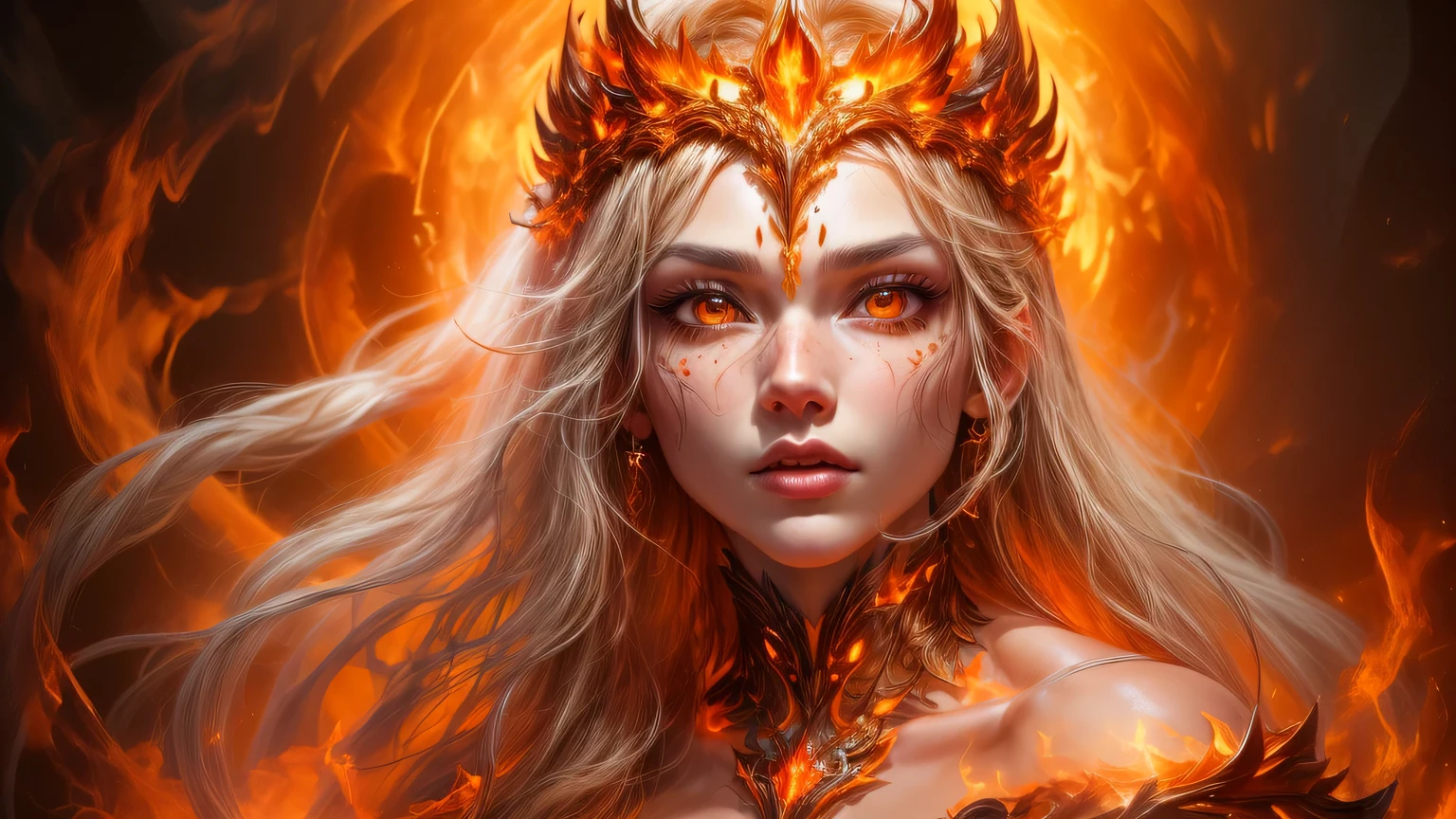 ((very delicate face))that is a realistic fantasy work with a striking expression of realistic fire.., including flames, hot burning embers, Subtle acting, And the beautiful fire druid. Druid stands in the middle of a raging hell with an interesting composition.... her face is expertly sculpted, elegant, Sophisticated features and perfect shading, big bust, attentive, realistic skin texture. her (orange and gold eyes) that'that'It's really amazing and the focus of this image is.. (her eyes extremely detailed, beautiful and delicate eyes, and macro). her eyes feature intricate detailing with clearly defined irises and bright sclera. her soft lips are smooth and very puffy, her 피부는 가벼운 홍조와 화려한 불꽃 디테일로 장식되어 있습니다.. her long gown is stunning and expensive, The aura of the fire spirit king behind her, Made of pure fire and sparkle.., Gorgeous jewels sparkling in the light. her billowing gown glitters from the flames and features a delicately and intricately embroidered bodice with wisps of flames running across it. Contains fantasy elements such as bumps..., rock, burning rainbow light, light나는 불씨, silk, And an interesting background. The firebird radiates magical and mystical energy...., Contains fiery magical creatures such as the Fire Butterfly.... light: 예술 작품의 아름다움을 향상시키기 위해 light의 최신 트렌드를 활용. camera: Use dynamic compositions to create a sense of urgency and excitement.... Get inspired by current masters of the fantasy genre, Includes popular artists from Artstation and Midjourney. ((masterpiece))