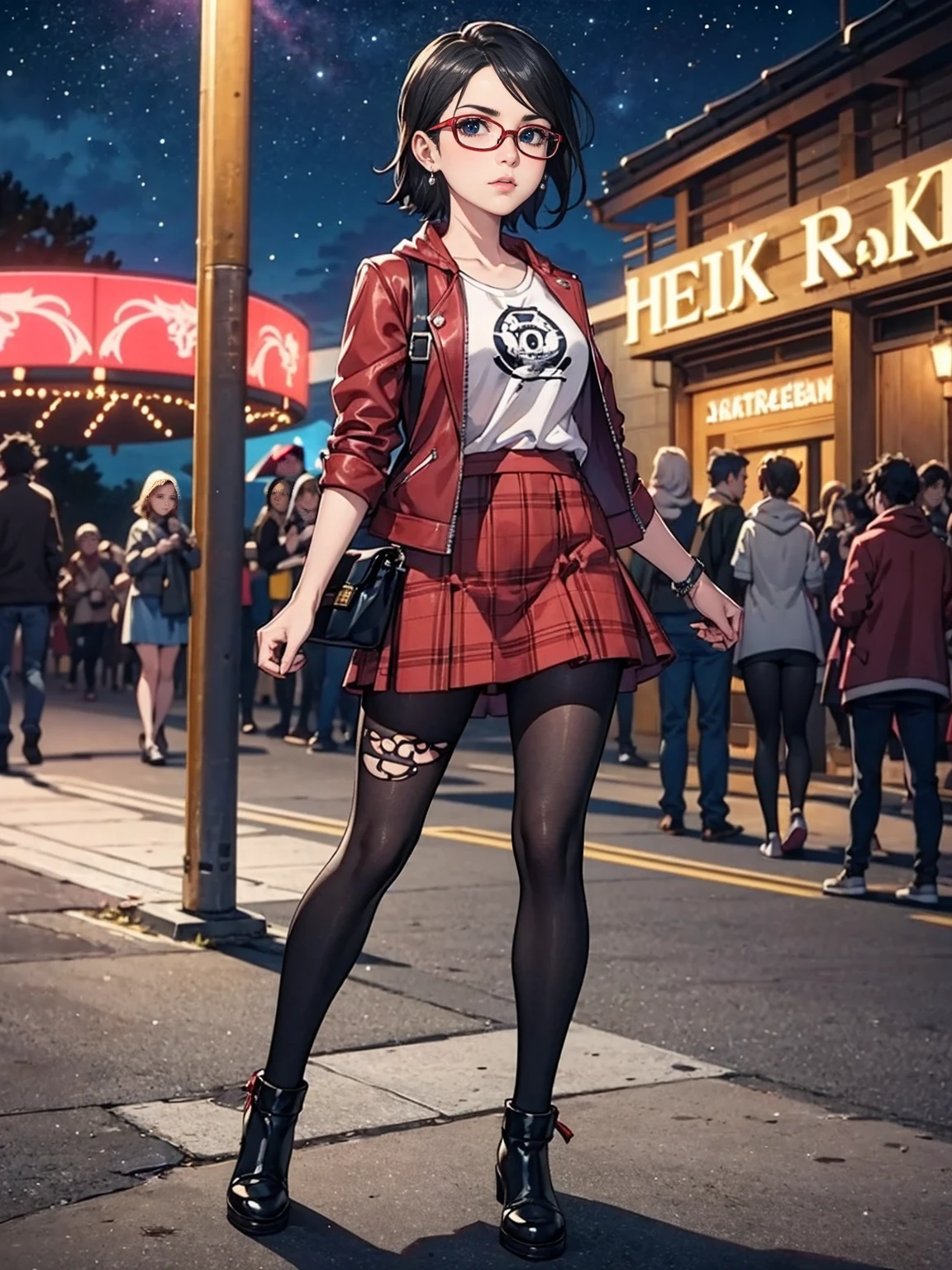 (1girl, solo, alone), (WakatsukiRisa, Sarada Uchiha, short hair, black eyes, red glasses), she is wearing earrings and strings. She is dressed like a punk rocker. ( She is wearing a white t-shirt with a rock band print, a plaid skirt and a leather jacket with tattoos, pantyhose ), ( and is riding in a brightly lit amusement park on a starry night ), ((( parading, standing )))