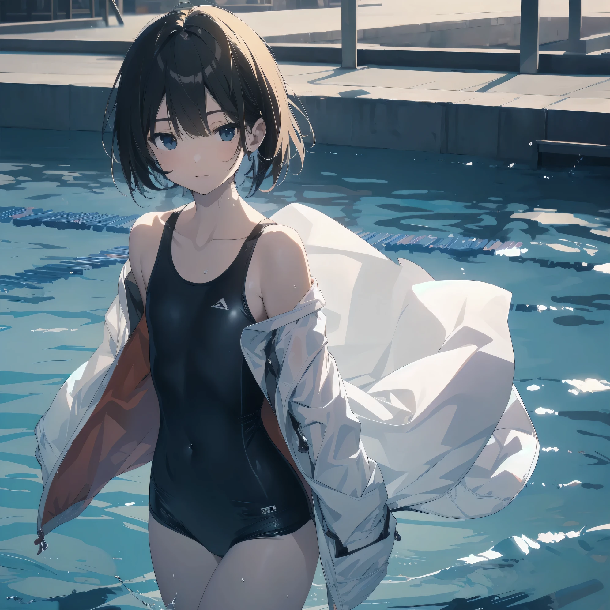 Super absurd quality by the god of art, super detailed, High resolution, anime moe art style, Best Anime 8K Kona-chan Wallpaper, pixiv contest winner, perfect anatomy, break,(Please draw a picture of a girl standing sleepily by the pool in a blue ワンピースwater着. )break,1 girl, (alone,little woman, baby face, 13 years old:1.3),All limbs, full finger,, The charm of an immature body, Wet, (very_short hair), Wet hair, dripping, flat chest, Wet body, small ass, between legs, small black eyes, detailed and beautiful eyes, Well-proportioned iris and pupils, expressive eyes, sleepy eyes, High resolutionの詳細な髪, ワンピースwater着, スクールwater着, (detailed lighting), (detailed background), Pool ladder, Poolside, water, at the school pool. break,super dense skin, shiny skin, Best movie lighting by famous artists, 8k,cute illustration,photoshop_(Moderate),Absurd Hi-Res,Hmm,rough skin