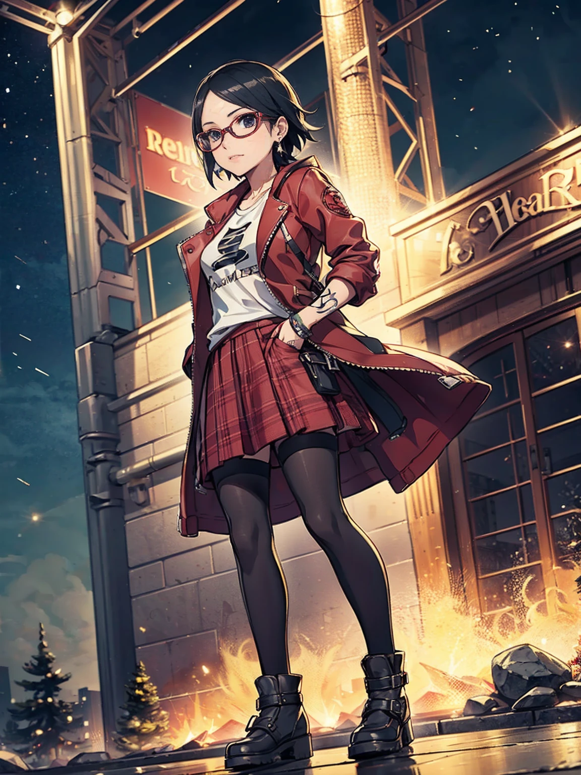 (1girl, solo, alone), (Sarada Uchiha, short hair, black eyes, red glasses), she is wearing earrings and strings. She is dressed like a punk rocker. ( She is wearing a white t-shirt with a rock band print, a plaid skirt and a leather jacket with tattoos, pantyhose ), ( and is riding in a brightly lit amusement park on a starry night ), ((( parading, standing )))