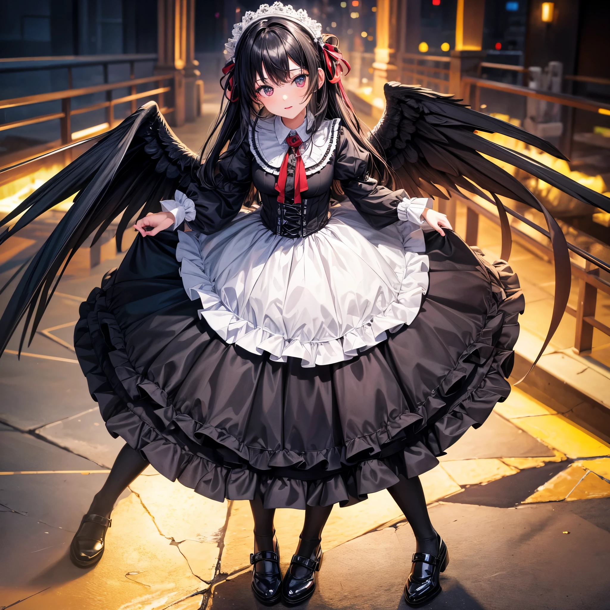whole body,devil,Black wings,horror,black hair,Gothic Lolita,black skirt,pantyhose,Super high quality,masterpiece,super high quality,ultra high resolution,Highest image quality,superlative,highest quality,highest resolution,high quality,beautiful,beautiful,High quality,realな質感,real,8K,detailed,
