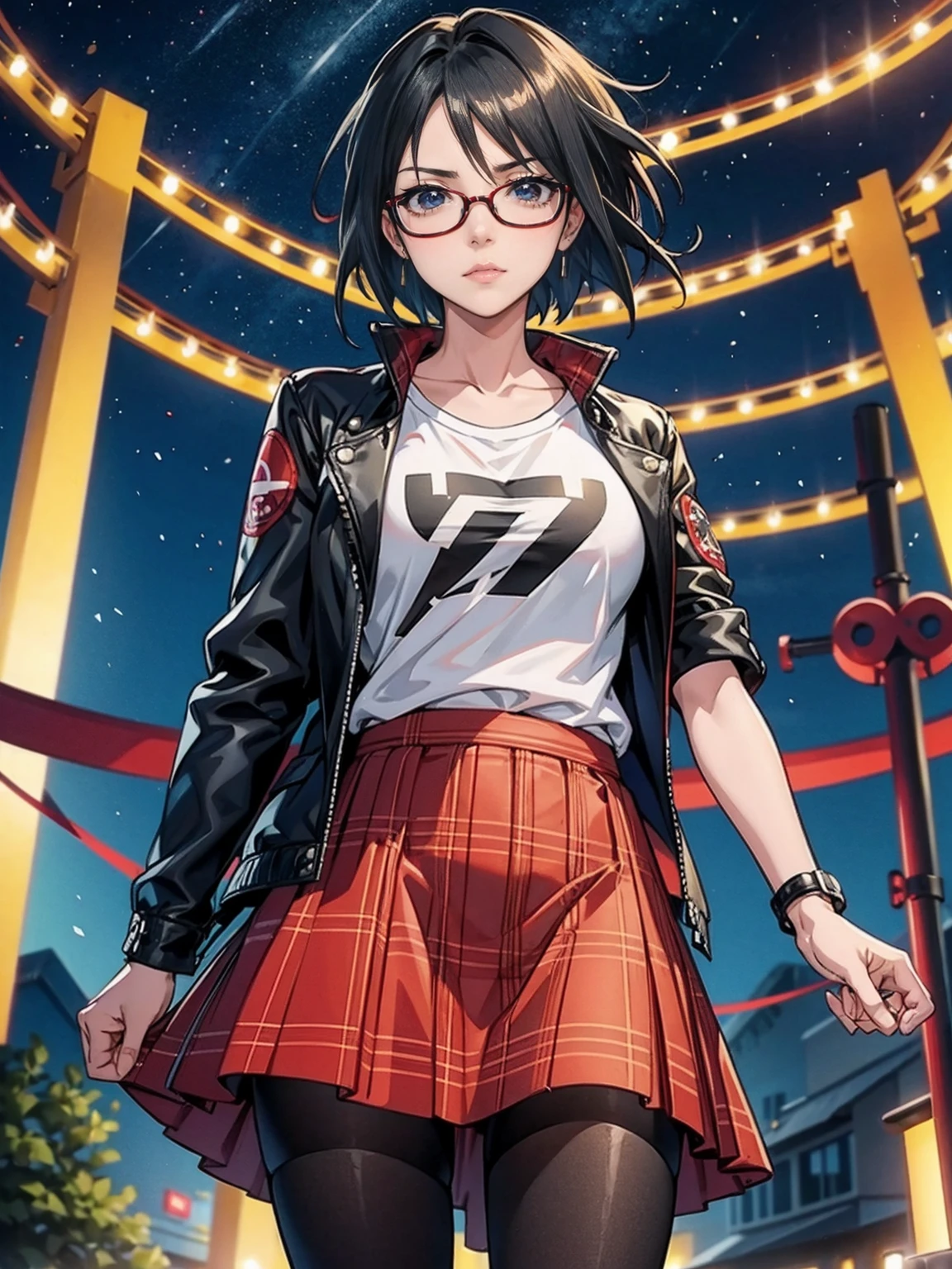 (1girl, solo, alone), (WakatsukiRisa, Sarada Uchiha, short hair, black eyes, red glasses), she is wearing earrings and strings. She is dressed like a punk rocker. ( She is wearing a white t-shirt with a rock band print, a plaid skirt and a leather jacket with tattoos, pantyhose ), ( and is riding in a brightly lit amusement park on a starry night ), ((( parading, standing )))