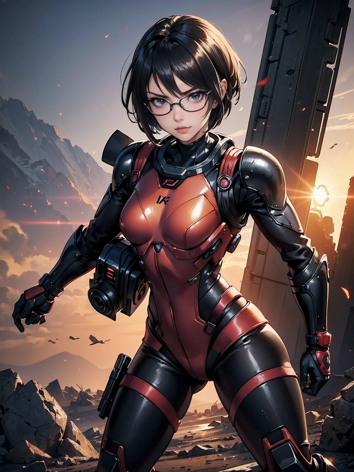 ((1girl, slolo, alone, WakatsukiRisa, smug, ((black hair, short hair, glasses, brown eyes)), wide hips, malicious, (small breasts), smug)), ((pink lipstick, Extremely detailed, ambient soft lighting, 4k, perfect eyes, a perfect face, perfect lighting, a 1girl)) , ((((Space Detective, woman, (female exoskeleton), (red and black combat suit, fighting pose), wasteland, action scene, action pose, masterpiece, rich colors, Backlight, beautiful expression, fantasy art, character art, metallic red and silver combat suit)), wet body, ((fitness)), standing, Beautiful))