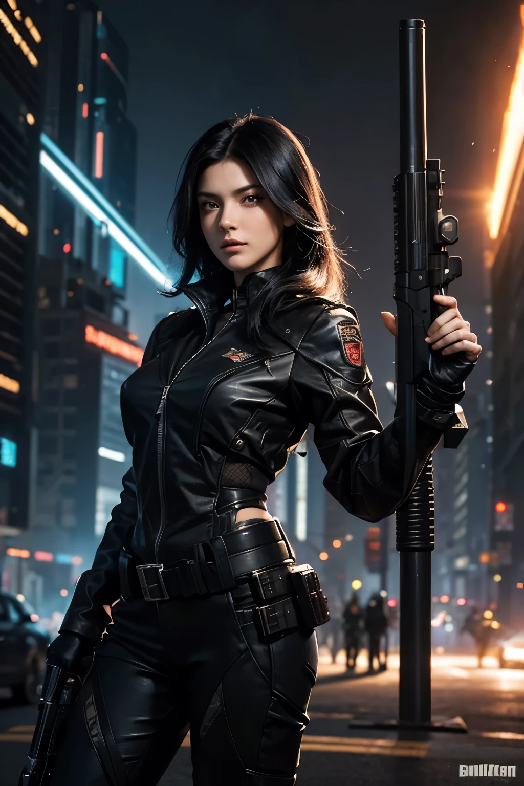 An illustration of a lady fearless mercenary with jet black hair, in the style of Kaleidoscopic, Alex Schomburg, brandishing dual energy pistols and surrounded by explosions, photo-enhanced, cyberpunk genre, intense ebony