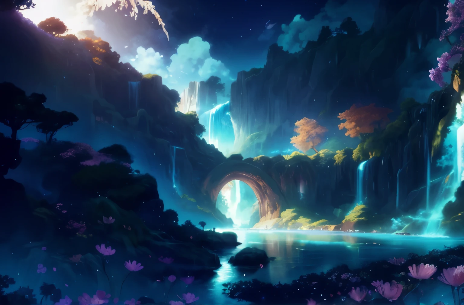 anime scenery with waterfalls and flowers in the foreground, Anime landscape wallpaper, anime art wallpaper 4k, Anime Art Wallpaper 4k, anime art wallpaper 8k, anime background art, Ross Tran. landscape background, Beautiful art ultra hd 4k, 美丽的anime scenery, Anime fantasy artwork, andreas rocha style, anime scenery, Concept Art Wallpaper 4K, 4k anime wallpaper