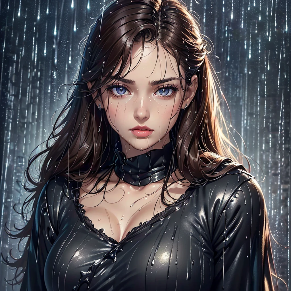 (Best quality, 4K, tmasterpiece :1.Beutiful women, 1 Sister, (, attractive body :1.2), Abs :1.1, dark brown  hair: 1.1, (rainy wet, wet from rain, Soaked :1.2), The face  very detailed, detailed lips, detailed eyes, double eyelid