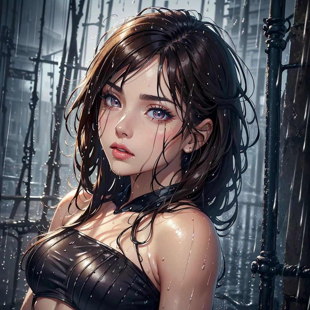(Best quality, 4K, tmasterpiece :1.Beutiful women, 1 Sister, (, attractive body :1.2), Abs :1.1, dark brown hair: 1.1, (rainy wet, wet from rain, Soaked :1.2), The face very detailed, detailed lips, detailed eyes, double eyelid