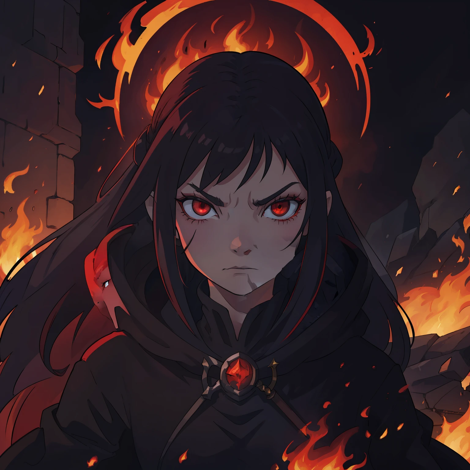 mysterious evil woman, wearing a hoodie, medieval clothes, cultist dark magic clothes, really long straight hair, bright red evil eyes, evil looking face, villain character, sadistic look, angry eyes, dark ambience, face illuminated by fire light, mature woman, shady red eyes, long hair, awesome quality, 8k resolution, dungeons and dragons character, rpg character, dark aura, fire sparks in background, dark ambience, ruins construction blurred in far background, war scenario