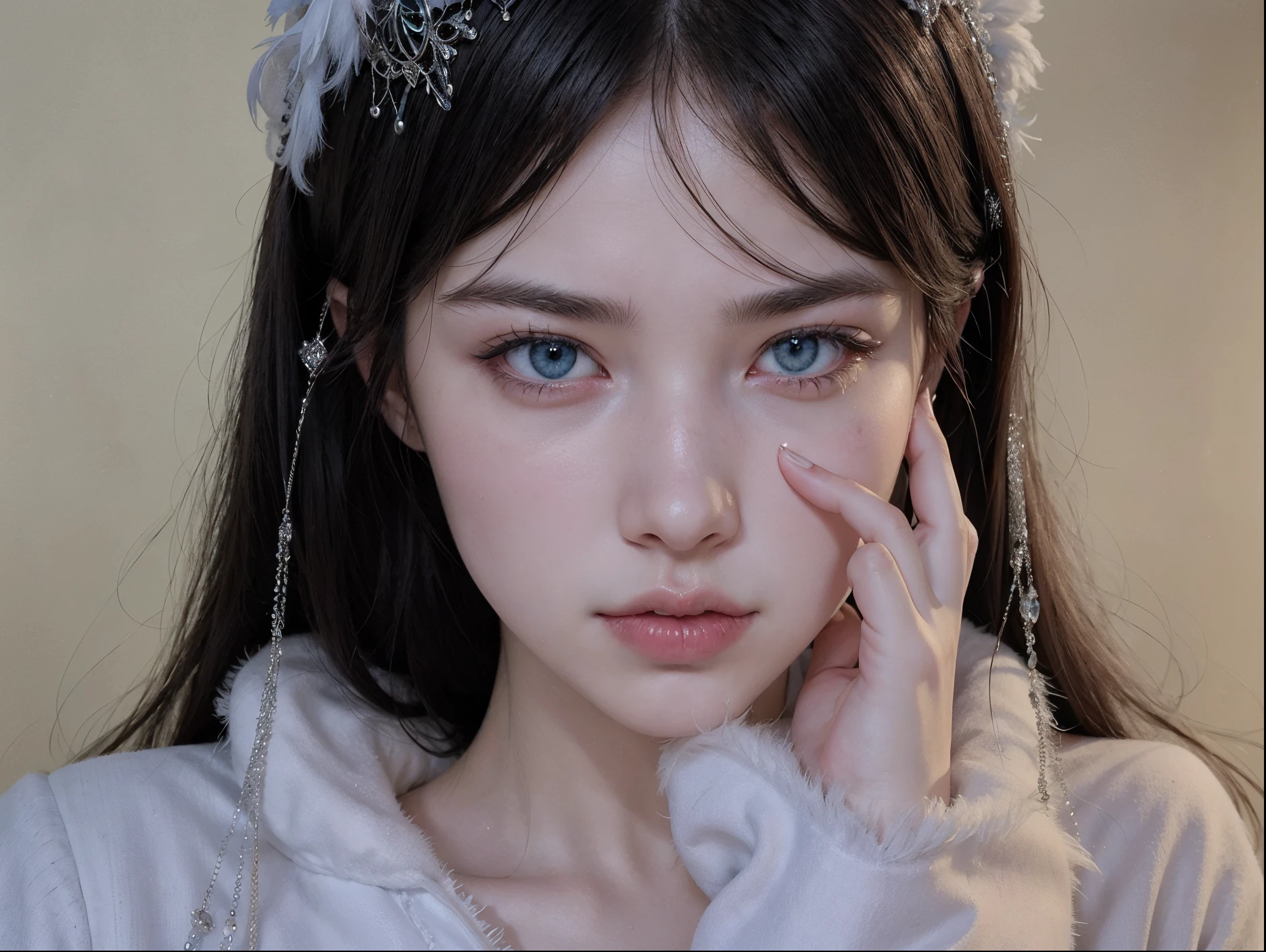 arafed woman with a white feathered headband and a white robe, pale snow white skin, pale porcelain white skin, white skin and reflective eyes, white detailed eyes, ulzzang, girl with white eyes, pale blue eyes, pale milky white porcelain skin, with long hair and piercing eyes, icy eyes, with gorgeous detailed eyes, porcelain pale skin