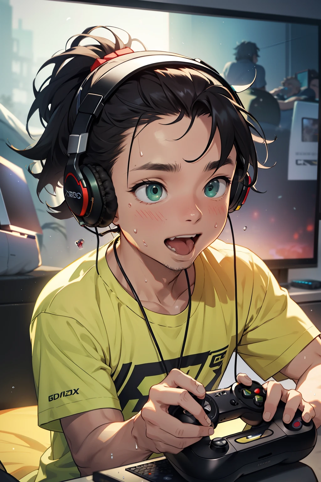 Cinematic Still of a Man Excitedly Playing a Video Game with an Xbox Shirt --s2
(Best Quality, 4k, 8K, high resolution, Masterpiece: 1.2), man in Vovo brand t-shirt, intensely focused on the screen, hands on Xbox controller, yellow pixels flashing on the TV, sweat droplets on his forehead, red cheeks, eyes wide open, tongue sticking out, hair disheveled, green headphones on, expression of pure joy and concentration.