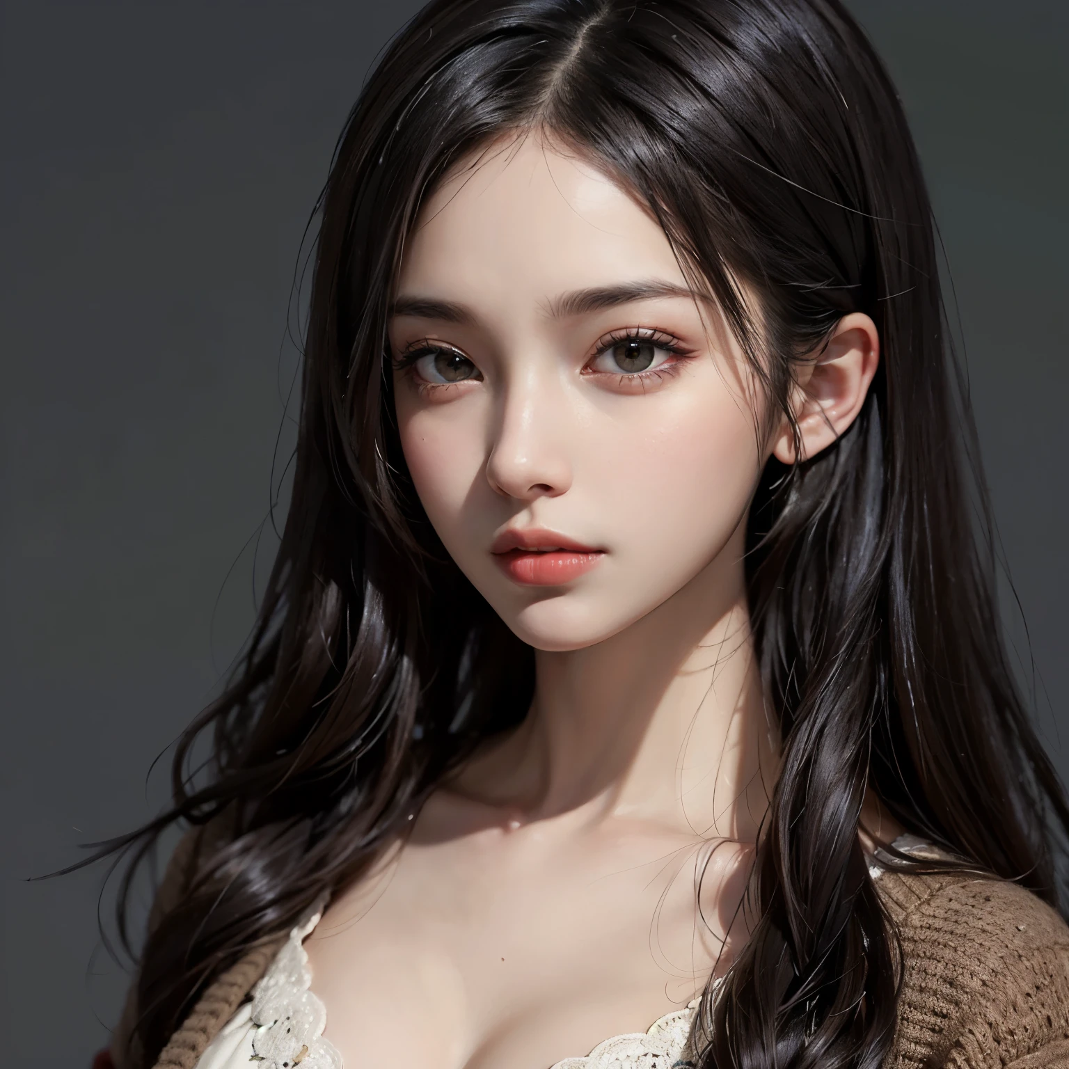 ((best quality)), ((masterpiece)), (detailed), perfect face, long hair, black hair, kimchi hair, Cardigan