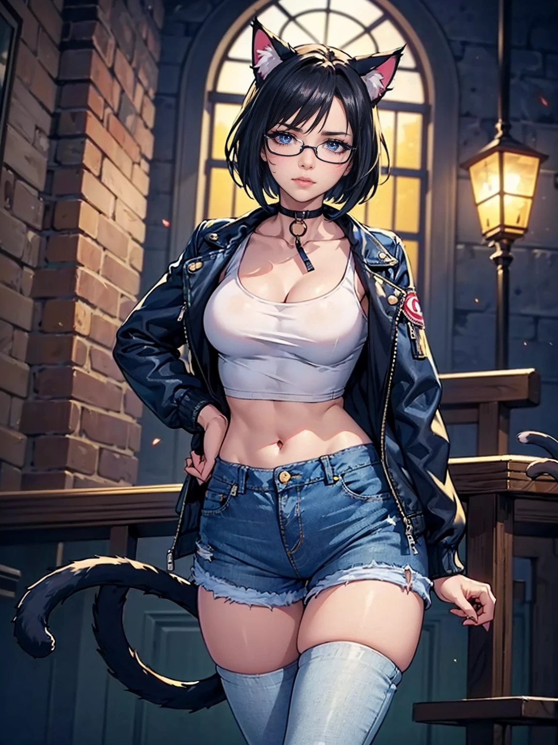 ((1girl, slolo, alone, WakatsukiRisa, black hair, short hair, glasses, brown eyes, wide hips, malicious, ((small breasts)), smug)), (( ((Extremely detailed, ambient soft lighting, 4k, perfect eyes, a perfect face, perfect lighting, a 1girl, animal ears, black thighs, (cat ears, cat's ear cat tail), closed mouth, collarbone, Covered, crop-top, facial mark, ((neck, jacket, mini short, short jeans, mini short jeans)), lips, looking to viewer, tail, Curvy hips, Lush, tights in a mesh)), standing on a tower, cityscape in the background with church, (starry night), crescent moon)),