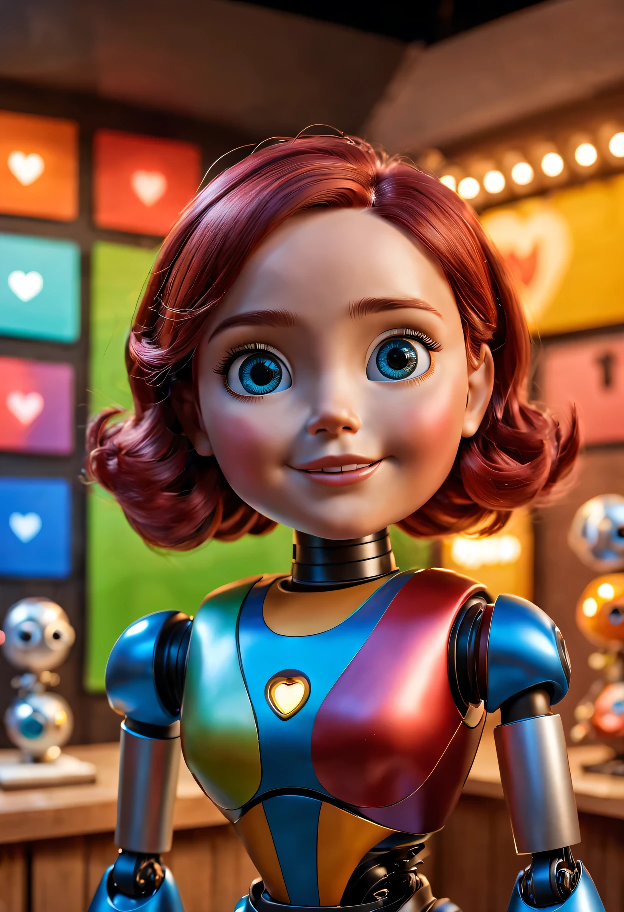 (best quality,4k,8k,high resolution,masterpiece:1.2),Super detailed,(actual,photoactual,photo-actual:1.37),Pixar style mechanical robot doll in display case,Playful and vibrant colors,showcase lighting,Careful and detailed facial expressions,Expressive and dynamic eyes,Cute and endearing smile,shiny metal body，Complex details,Dynamic and movable joints,Made of durable and high-quality materials,A whimsical and imaginative atmosphere,elevated on pedestal,Decorated with colorful、playful decorations,capturing the attention of onlookers,Background displays the iconic Pixar logo,Attract collectors and fans of all ages,Create a sense of nostalgia and wonder,Seeking to inspire creativity and joy in audiences