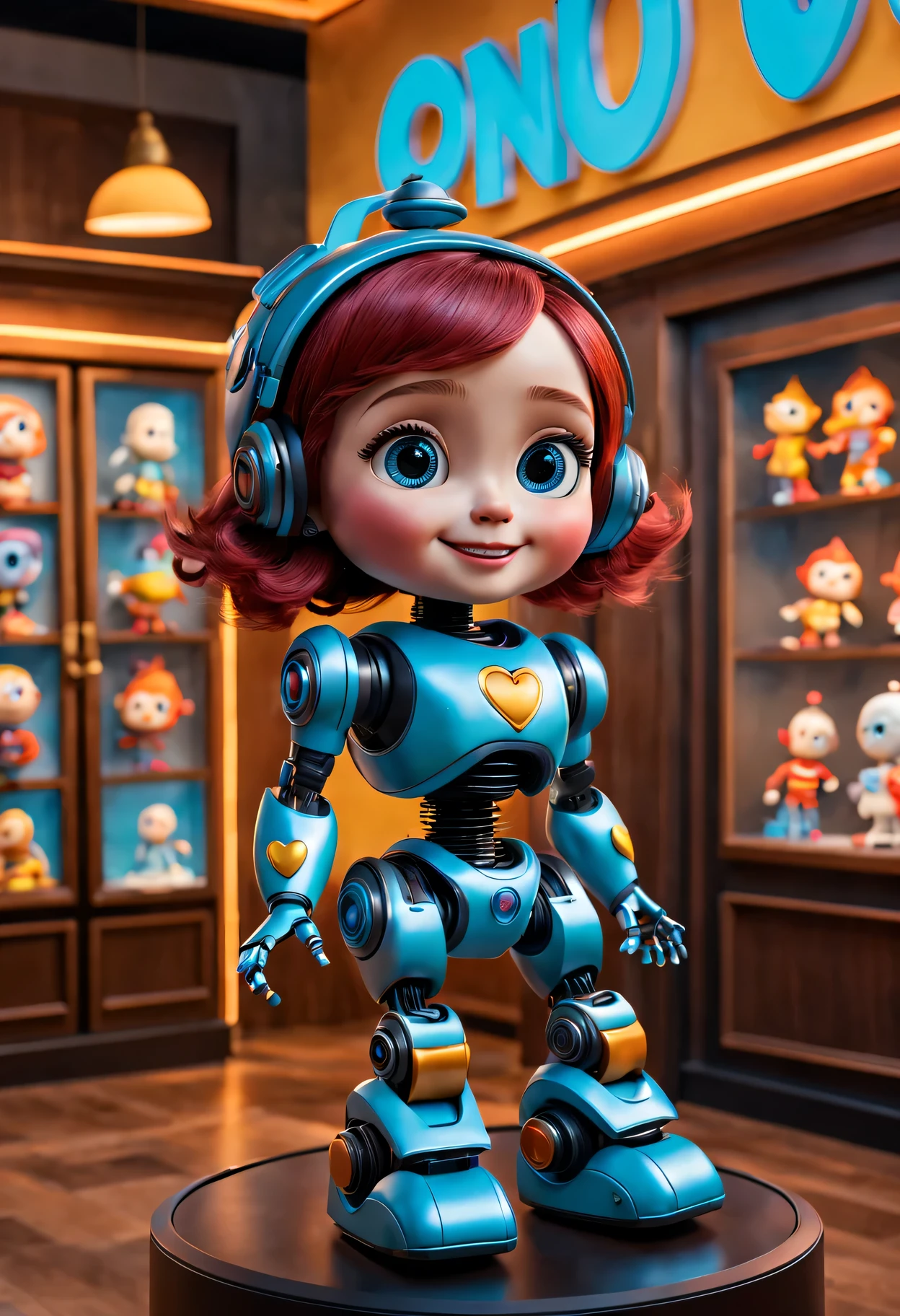 (best quality,4k,8k,high resolution,masterpiece:1.2),Super detailed,(actual,photoactual,photo-actual:1.37),Pixar style mechanical robot doll in display case,Playful and vibrant colors,showcase lighting,Careful and detailed facial expressions,Expressive and dynamic eyes,Cute and endearing smile,shiny metal body,Complex details,Dynamic and movable joints,Made of durable and high-quality materials,A whimsical and imaginative atmosphere,elevated on pedestal,Decorated with colorful、playful decorations,capturing the attention of onlookers,Background displays the iconic Pixar logo,Attract collectors and fans of all ages,Create a sense of nostalgia and wonder,Seeking to inspire creativity and joy in audiences