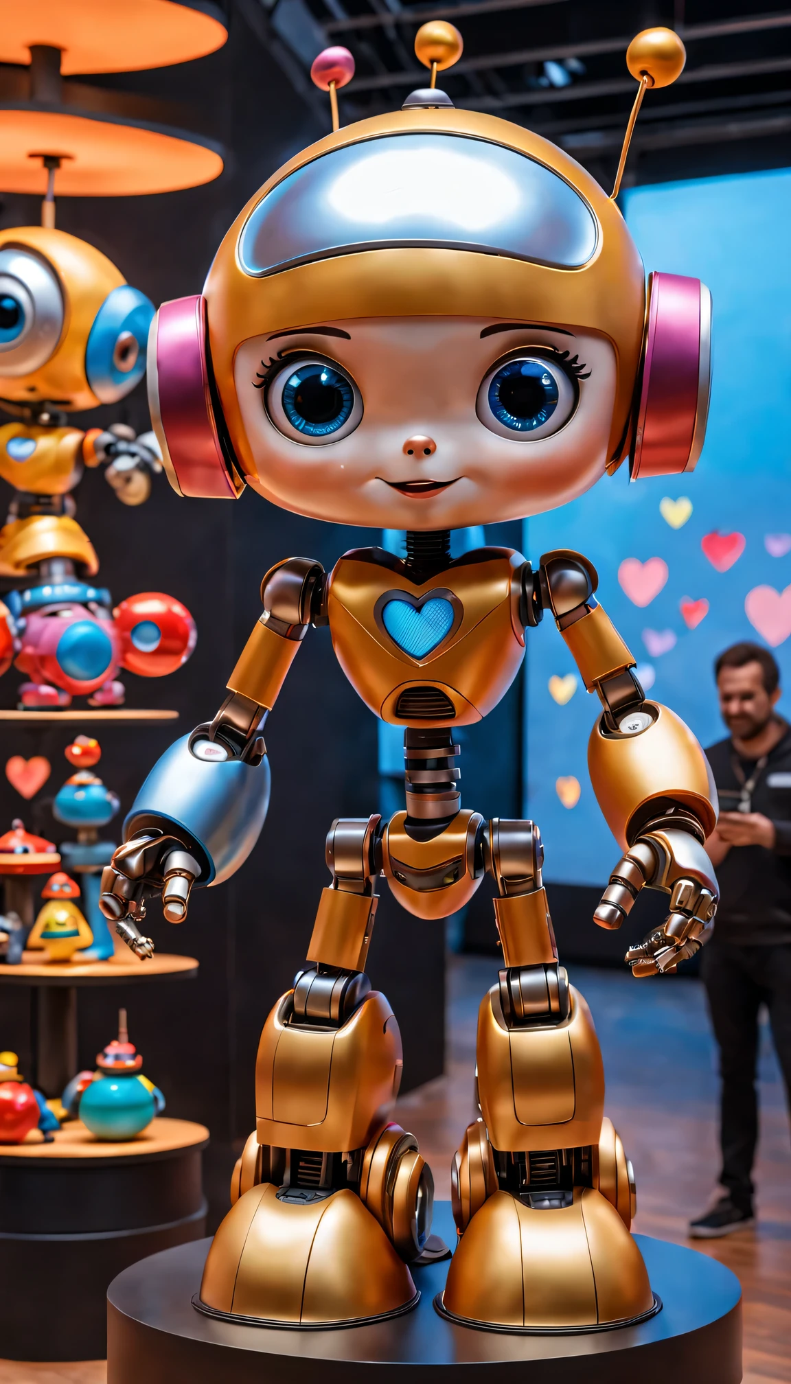 (best quality,4k,8k,high resolution,masterpiece:1.2),Super detailed,(actual,photoactual,photo-actual:1.37),Pixar style mechanical robot doll in display case,Playful and vibrant colors,showcase lighting,Careful and detailed facial expressions,Expressive and dynamic eyes,Cute and endearing smile,shiny metal body，Complex details,Dynamic and movable joints,Made of durable and high-quality materials,A whimsical and imaginative atmosphere,elevated on pedestal,Decorated with colorful、playful decorations,capturing the attention of onlookers,Background displays the iconic Pixar logo,Attract collectors and fans of all ages,Create a sense of nostalgia and wonder,Seeking to inspire creativity and joy in audiences
