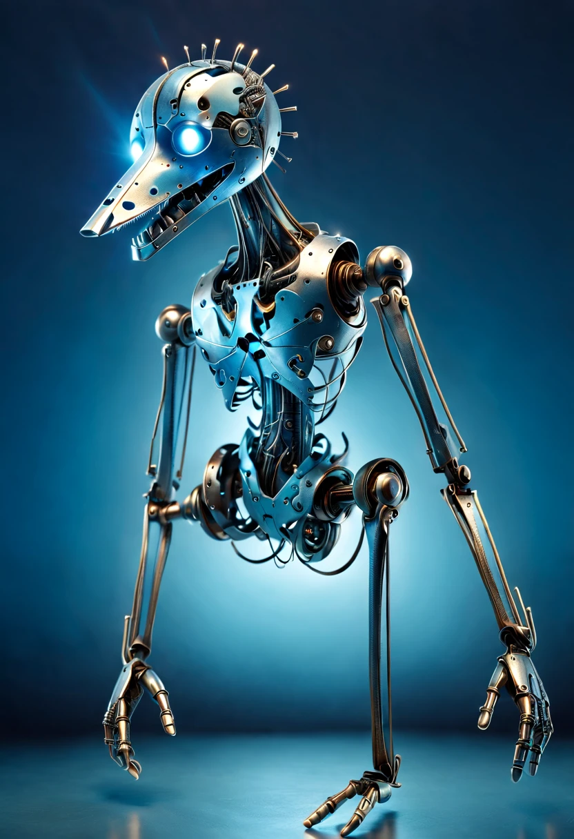 Image: **[Mechanical Puppet]** Descriptive keywords: *A metallic creature with intricate details and moving parts, resembling a marionette.* Photographic style: *Industrial and futuristic, with cold blue lighting highlighting the metallic textures.* Tone: *Mysterious and intriguing* Object: **[Mechanical Puppet]** Action: *The Mechanical Puppet is gracefully dancing with fluid movements, as if performing an elegant ballet.* Create an image of a Mechanical Puppet in an industrial and futuristic setting, captured in cold blue lighting, showcasing intricate metallic details. The tone should evoke a sense of mystery and intrigue, with the puppet gracefully dancing like a marionette brought to life.
