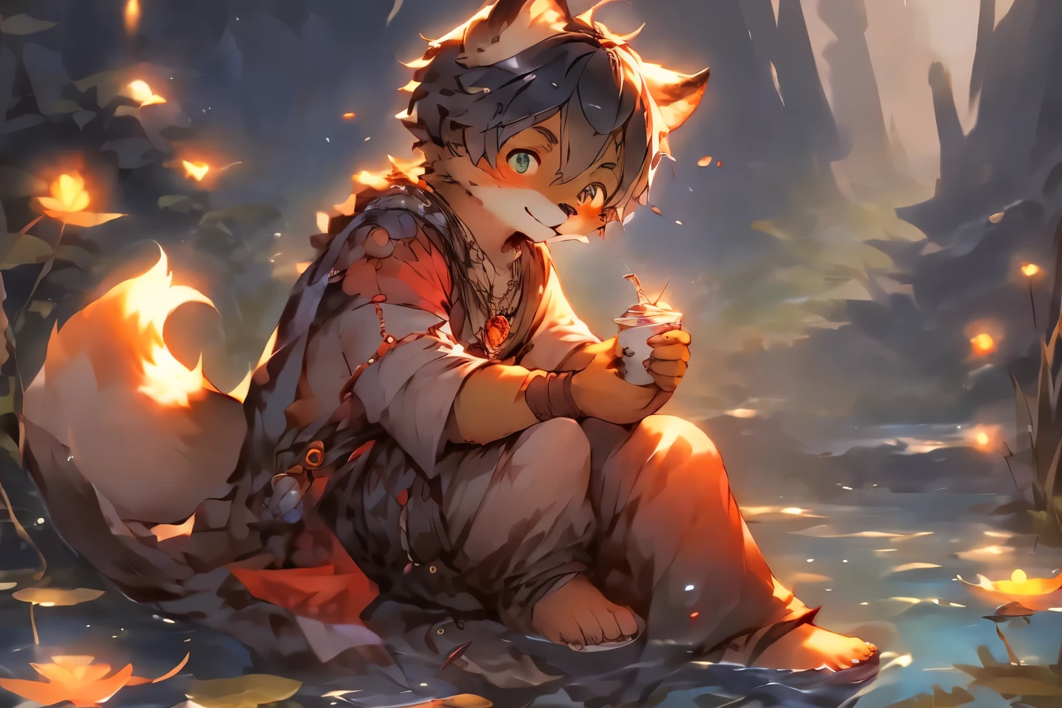 Cute and detailed digital art, Very very beautiful furry art, Detailed fanart, high-quality wallpaper, dress up as a fisherman 🧥, furry fantasy art, Popular topics on artstation pixiv, by Pino Deheni, Kanikai, Milk Tiger 1145, Dagasi, ys，((Shota)), Black and white hair, Very good figure, Handsome，adolable, Light：Hazy light and shadow, Reflective skin,Reddish skin，((worn-out clothing，Commoner)) ，((beachside，on rock，islands，独奏，solo person))，Outdoor sunset，((the detail))，（depth of fields，People in the distance），squatting pose，Libido boy，male people，boy face