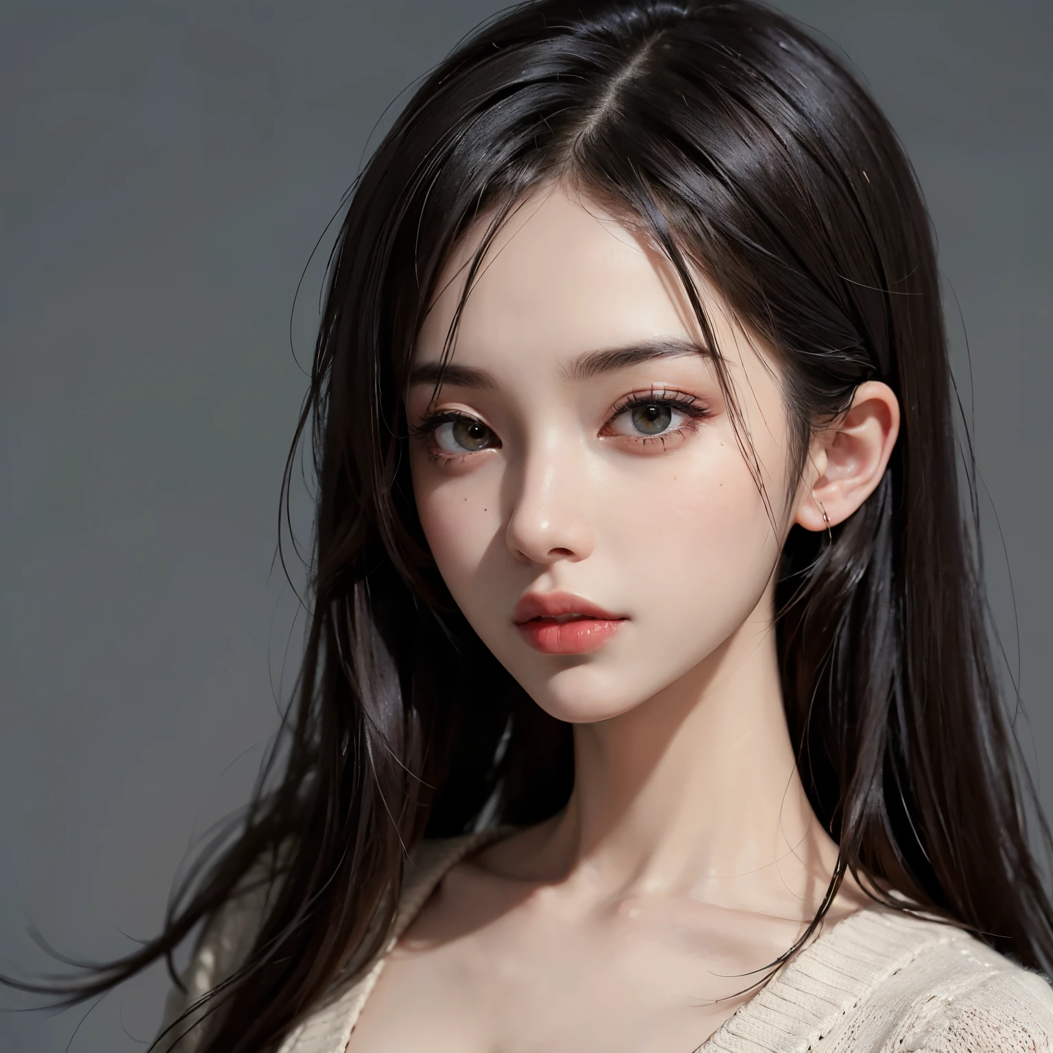 ((best quality)), ((masterpiece)), (detailed), perfect face, long hair, black hair, kimchi hair, Cardigan, bust