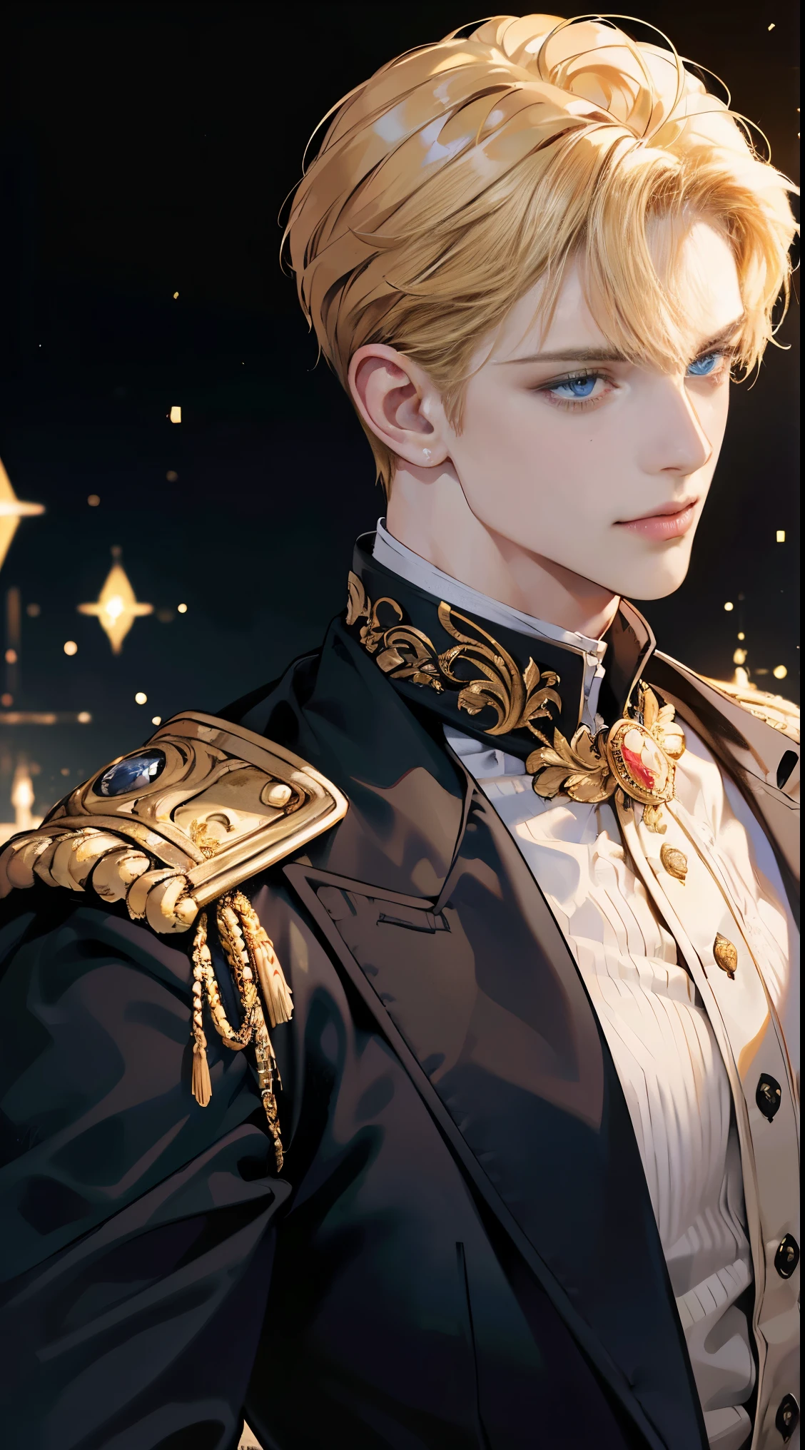 "best quality,8k,masterpiece,hdr,soft lighting,perfect image,digital illustration,comic art,photorealistic,detailed,perfect line,realistic,portrait" handsome man, blond hair with golden shine, deep blue eyes, sophisticated clothing (prince, confident posture, gentle smile), (golden shimmering black background, blurred)