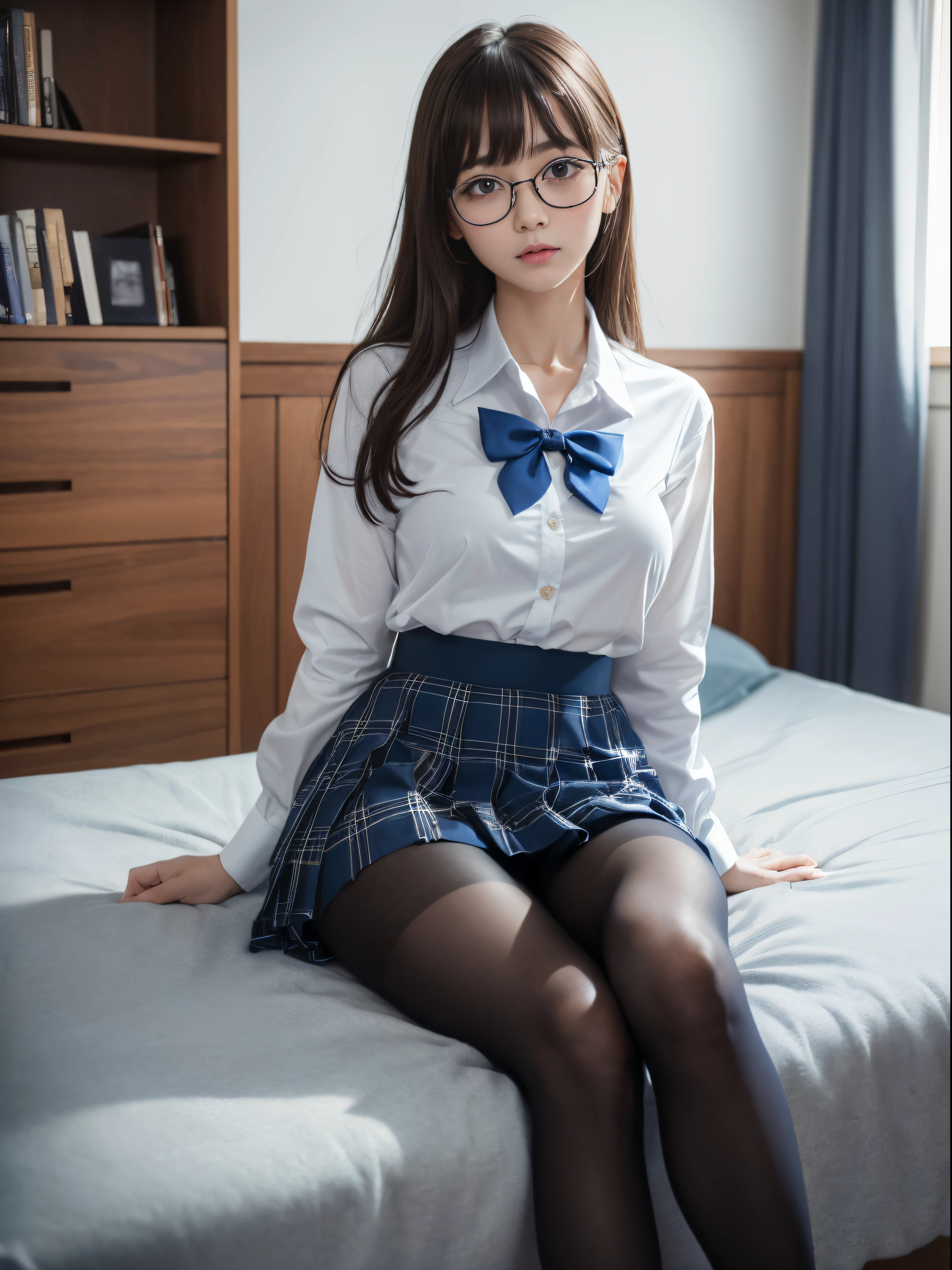 (I can see my underwear)、((細いeye))、((細いeye))、((細いeye))、(8k、RAW photography、highest quality、masterpiece:1.2),、There is a small、(flat chest)、(flat chest)、(flat chest)、(flat chest)、(flat chest)、(being thin)、pale skin、Whitening、dark look、skinny,Glamour,pure white skin,Cheeky,School,looking at the viewer,Looking at the front,Muchimuchi,treble clothing,erotic,student,white skin,knees,((black pantyhose)),absurd,small face,,I can see the forehead,額の左右から垂れ下がった前hair,(cold look,きついeye,glare,strong,get annoyed)、masterpiece,highest quality、超A high resolution,RAW photo,Len,beautiful feces,one person, solo,glasses,,dark look,small breasts,whole body,丸glasses,JK uniform,high school girl,japanese woman,standing,(Photoreal:1.37)、photon mapping,realistic、beautiful woman,かわいいsmall face,茶色のeye、black socks、(red bow tie)、radio city、物理ベースのLenダリング、Depth of the bounds written、blurred background、picture,body,beautiful feet, long legs, thin legs,(前hairが見える), hair, lips, green_eye, nose soft,(light blue shirt), (Navy, blue and white plaid pleated skirt), kneesが見える,thin clothing,, thigh, black cotton socks,Nogizaka Idol, actress, japanese id