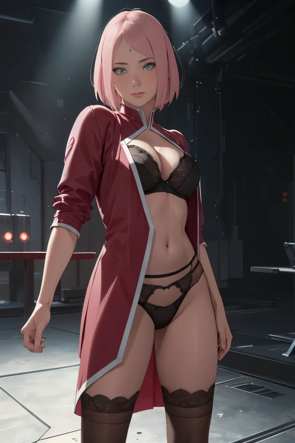 masterpiece, absurdres, sakura\(boruto\), 1girl, solo,mature female, sexy piece dark gothic lingerie, using detailed, no clothes, sexy), using open skirt, open shirt, open dress, open skirt, perfect composition, detailed lips, breast, beautiful face, body propotion, blush, (pink lips), short hair,  green eyes,  soft gaze,  super realistic, detailed, photoshoot, realistic face and body, thighhighs, full body,  pose, provocative pose, standing pose