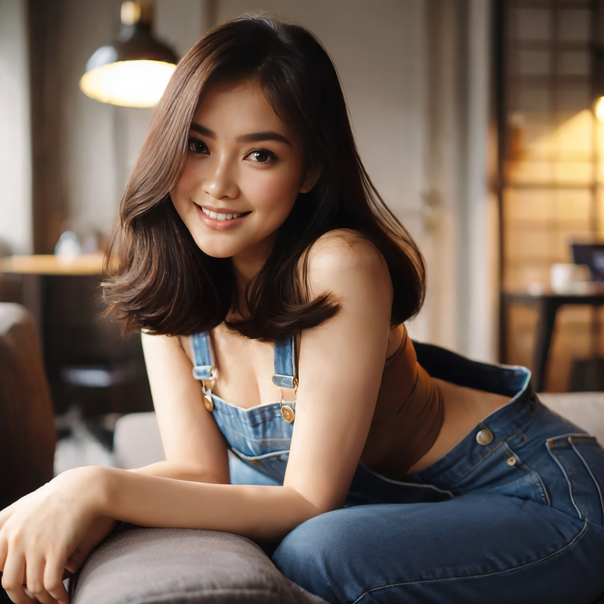 full body,cinematic photo beautiful thailand woman,chubby,from the side,with shoulder length brunette hair,sitting on the back of her couch in her studio apartment,wearing overalls,holding a coffee cup,steaming hot coffee,smiling at the viewer,beautiful perfect eyes,35mm photograph,film,bokeh, professional,4k,highly detailed,epicrealism model, atmospheric impressionism,bokeh,,pre-raphaelite realism,low tone photography,soft focus realism --ar 36:61 --stylize 750 --v6