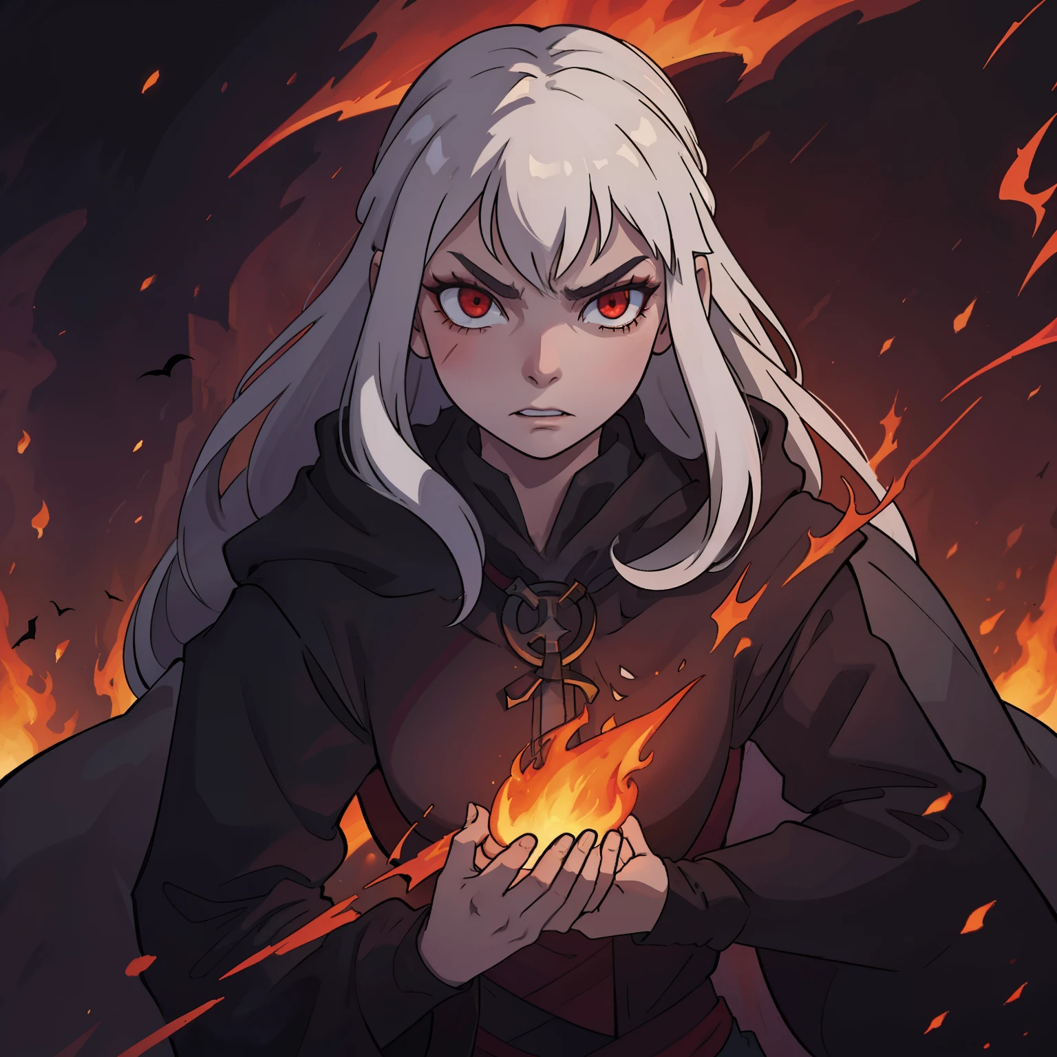 mysterious evil woman, wearing a hoodie, medieval clothes, cultist dark magic clothes, really long straight hair, bright red evil eyes, evil looking face, villain character, sadistic look, angry eyes, dark ambience, face illuminated by fire light, mature woman, shady red eyes, white long hair, white hair, awesome quality, 8k resolution, dungeons and dragons character, rpg character, dark aura, fire sparks in background, dark ambience, ruins construction blurred in far background, war scenario, cataclysmic background