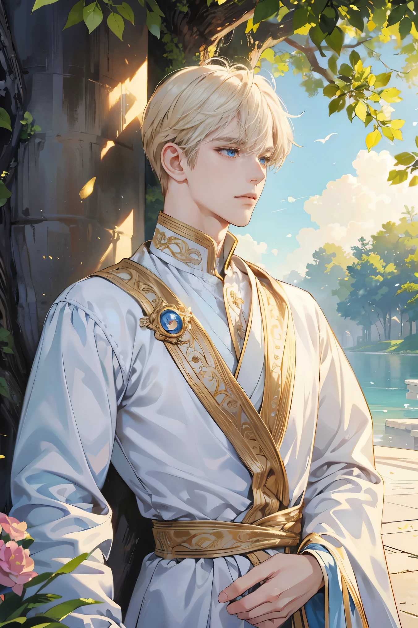 (masterpiece, high resolution, Ultra-detailed:1.0), (1st son, adult male), perfect male body,eyes look at the camera, (Prince:1.3), delicate eyes and delicate face, Highly detailed CG, unity 8k wallpaper, intricate details, the only one, detailed face, (white royal costume, with short golden hair, blue eyes, sad expression), outdoor, Sonoko, Flowers and trees, marble column, color difference, depth of field, dramatic shadows, ray tracing, best quality, portrait