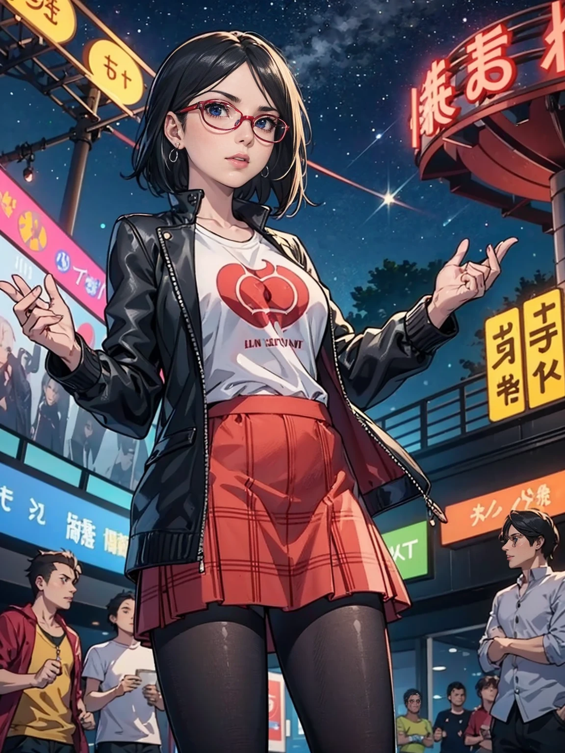 (1girl, solo, alone), (WakatsukiRisa, Sarada Uchiha, short hair, black eyes, red glasses), she is wearing earrings and strings. She is dressed like a punk rocker. ( She is wearing a white t-shirt with a rock band print, a plaid skirt and a leather jacket with tattoos, pantyhose ), ( and is riding in a brightly lit amusement park on a starry night ), ((( parading, standing )))
