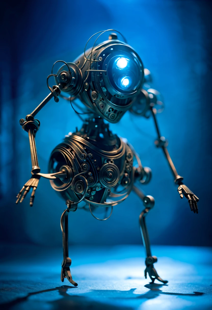 Image: **[Mechanical Puppet]** Descriptive keywords: *A metallic creature with intricate details and moving parts, resembling a marionette.* Photographic style: *Industrial and futuristic, with cold blue lighting highlighting the metallic textures.* Tone: *Mysterious and intriguing* Object: **[Mechanical Puppet]** Action: *The Mechanical Puppet is gracefully dancing with fluid movements, as if performing an elegant ballet.* Create an image of a Mechanical Puppet in an industrial and futuristic setting, captured in cold blue lighting, showcasing intricate metallic details. The tone should evoke a sense of mystery and intrigue, with the puppet gracefully dancing like a marionette brought to life.