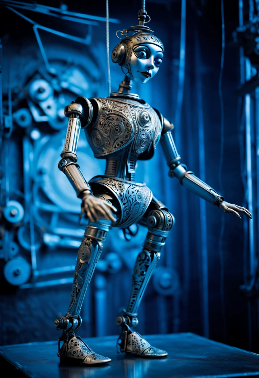 Image: **[Mechanical Puppet]** Descriptive keywords: *A metallic creature with intricate details and moving parts, resembling a marionette.* Photographic style: *Industrial and futuristic, with cold blue lighting highlighting the metallic textures.* Tone: *Mysterious and intriguing* Object: **[Mechanical Puppet]** Action: *The Mechanical Puppet is gracefully dancing with fluid movements, as if performing an elegant ballet.* Create an image of a Mechanical Puppet in an industrial and futuristic setting, captured in cold blue lighting, showcasing intricate metallic details. The tone should evoke a sense of mystery and intrigue, with the puppet gracefully dancing like a marionette brought to life.