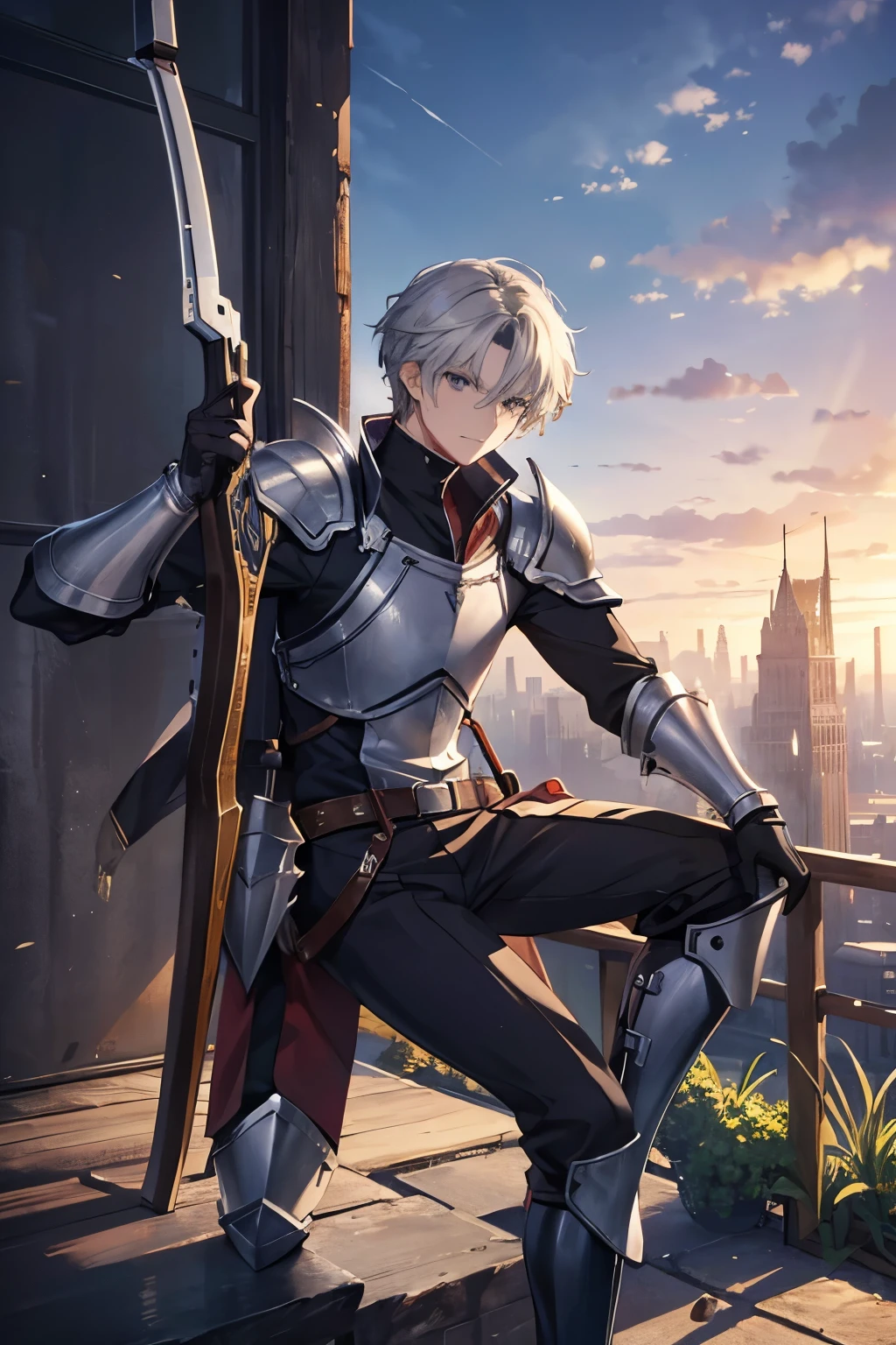 ((masterpiece)), ((highest quality)), ((High resolution)), ((finely)),anime illustration,Pose of a fantasy world hunter holding a crossbow,1 male,25 year old handsome young man with short gray hair,light gray eyes,Simple leather armor and boots,