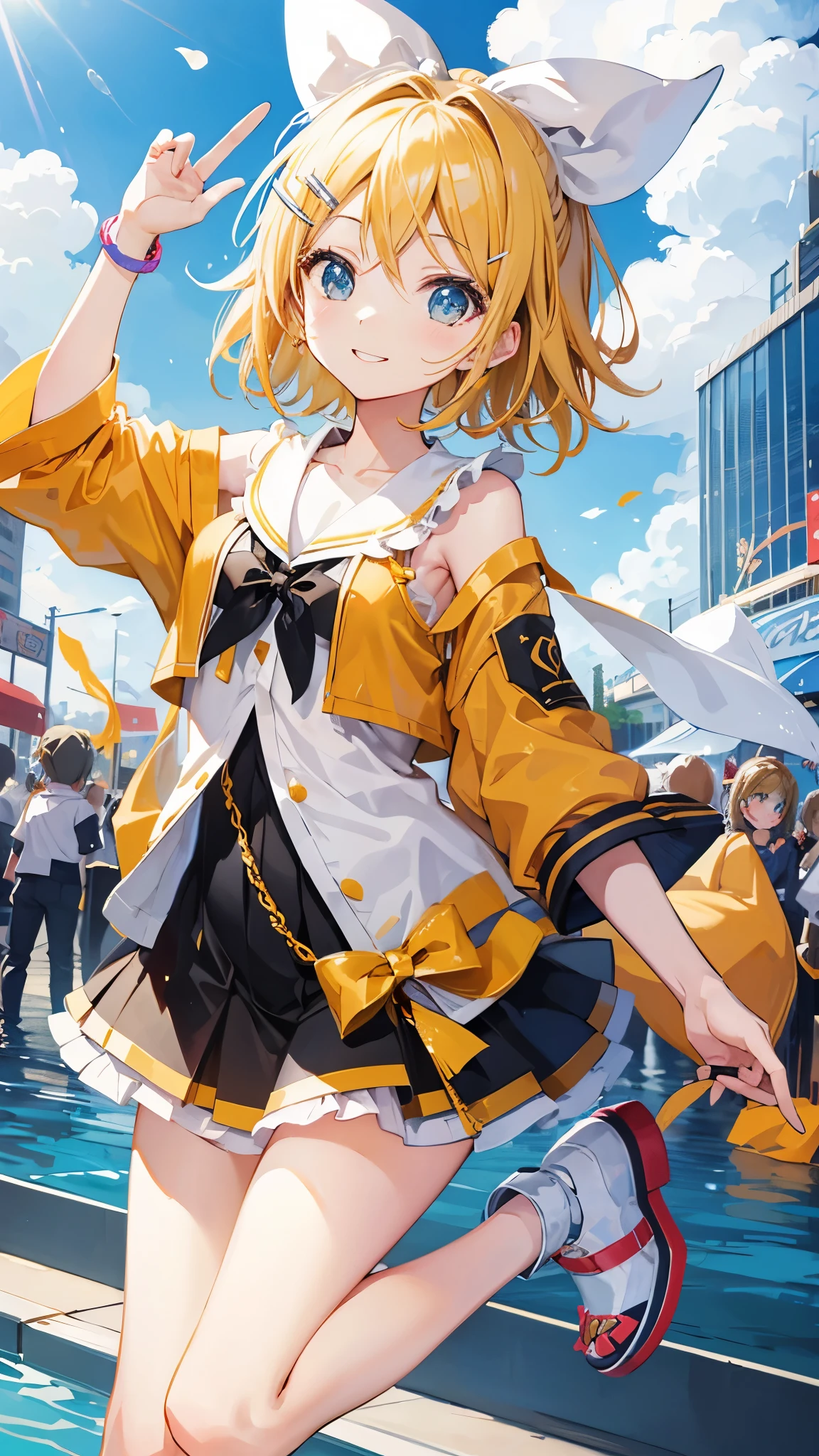 highest quality,CG,Kagamine Rin,peace sign、city、smile、festival