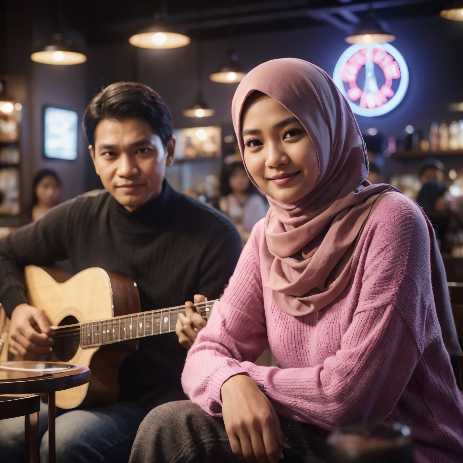realistic Indonesian couple, aged 30 years, wearing pink and black sweaters in a coffee bar with a calm atmosphere, the man is playing the guitar, the hijab woman in front of him looks and smiles at the background of the coffee bar club and dark neon bokeh lights, detail, ultra hd, 64khd, looks real