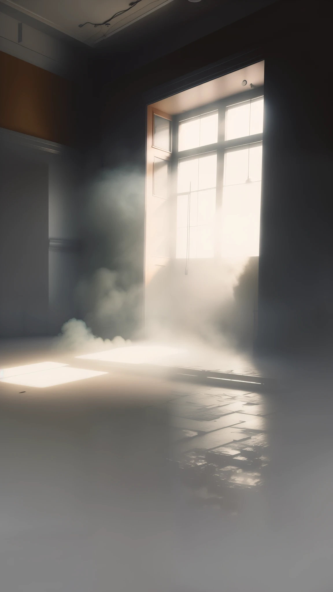 there is a room with a window and a fire hydrant in it, smoke filled room, volumetric fog and lighting, volumetric lighting and fog, Volumetric light and mist, Volume Raytracing Fog, volumetric light fog, volumetric fog and light, Volumetric light and fog, Volumetric fog and smoke, foggy volumetric lighting