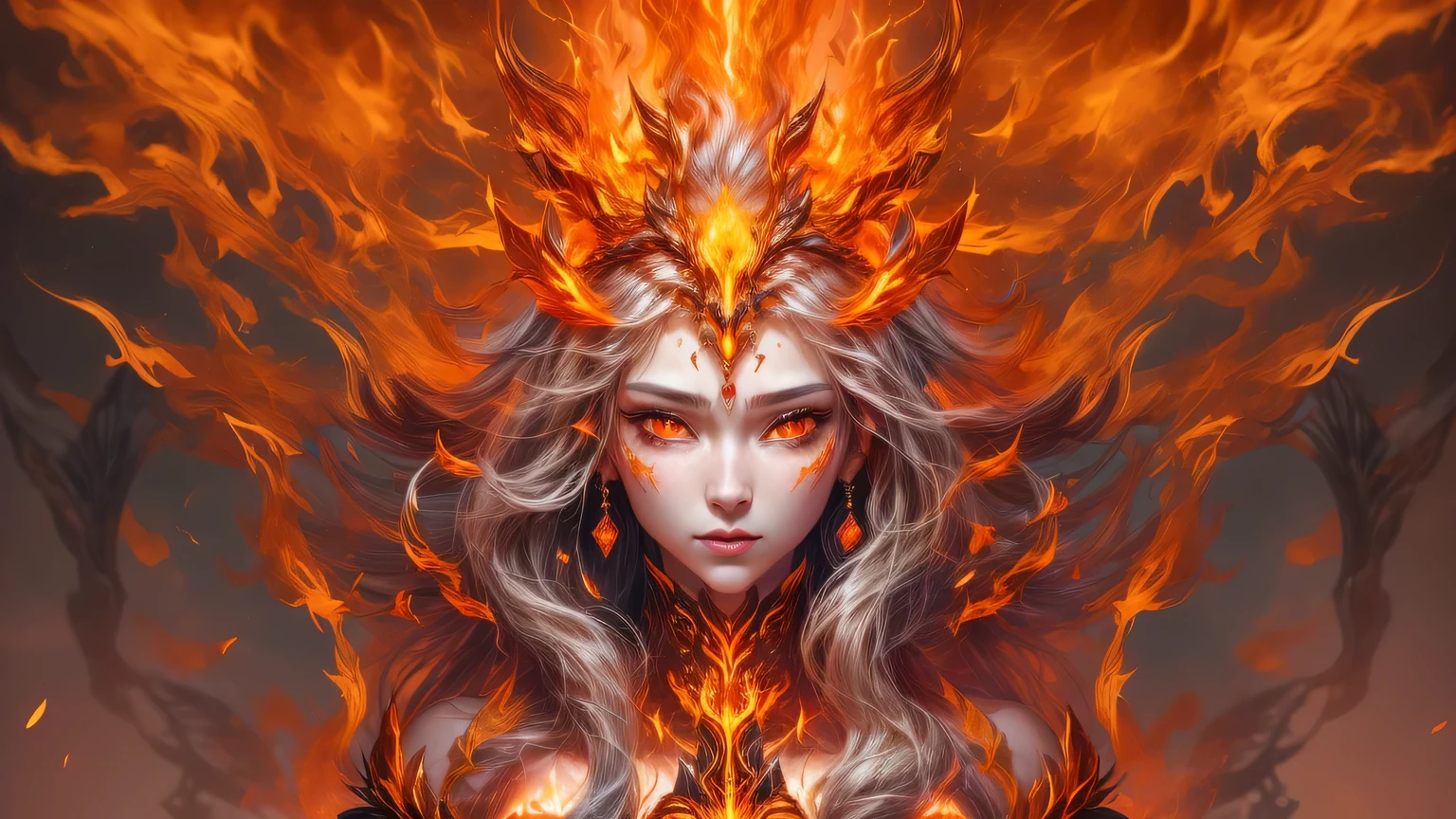 ((very delicate face))that is a realistic fantasy work with a striking expression of realistic fire.., including flames, hot burning embers, Subtle acting, And the beautiful fire druid. Druid stands in the middle of a raging hell with an interesting composition.... her face is expertly sculpted, elegant, Sophisticated features and perfect shading, big bust, attentive, realistic skin texture. her (orange and gold eyes) that'that'It's really amazing and the focus of this image is.. (her eyes extremely detailed, beautiful and delicate eyes, and macro). her eyes feature intricate detailing with clearly defined irises and bright sclera. her soft lips are smooth and very puffy, her 피부는 가벼운 홍조와 화려한 불꽃 디테일로 장식되어 있습니다.. her long gown is stunning and expensive, The aura of the fire spirit king behind her, Made of pure fire and sparkle.., Gorgeous jewels sparkling in the light. her billowing gown glitters from the flames and features a delicately and intricately embroidered bodice with wisps of flames running across it. Contains fantasy elements such as bumps..., rock, burning rainbow light, light나는 불씨, silk, And an interesting background. The firebird radiates magical and mystical energy...., Contains fiery magical creatures such as the Fire Butterfly.... light: 예술 작품의 아름다움을 향상시키기 위해 light의 최신 트렌드를 활용. camera: Use dynamic compositions to create a sense of urgency and excitement.... Get inspired by current masters of the fantasy genre, Includes popular artists from Artstation and Midjourney. ((masterpiece))