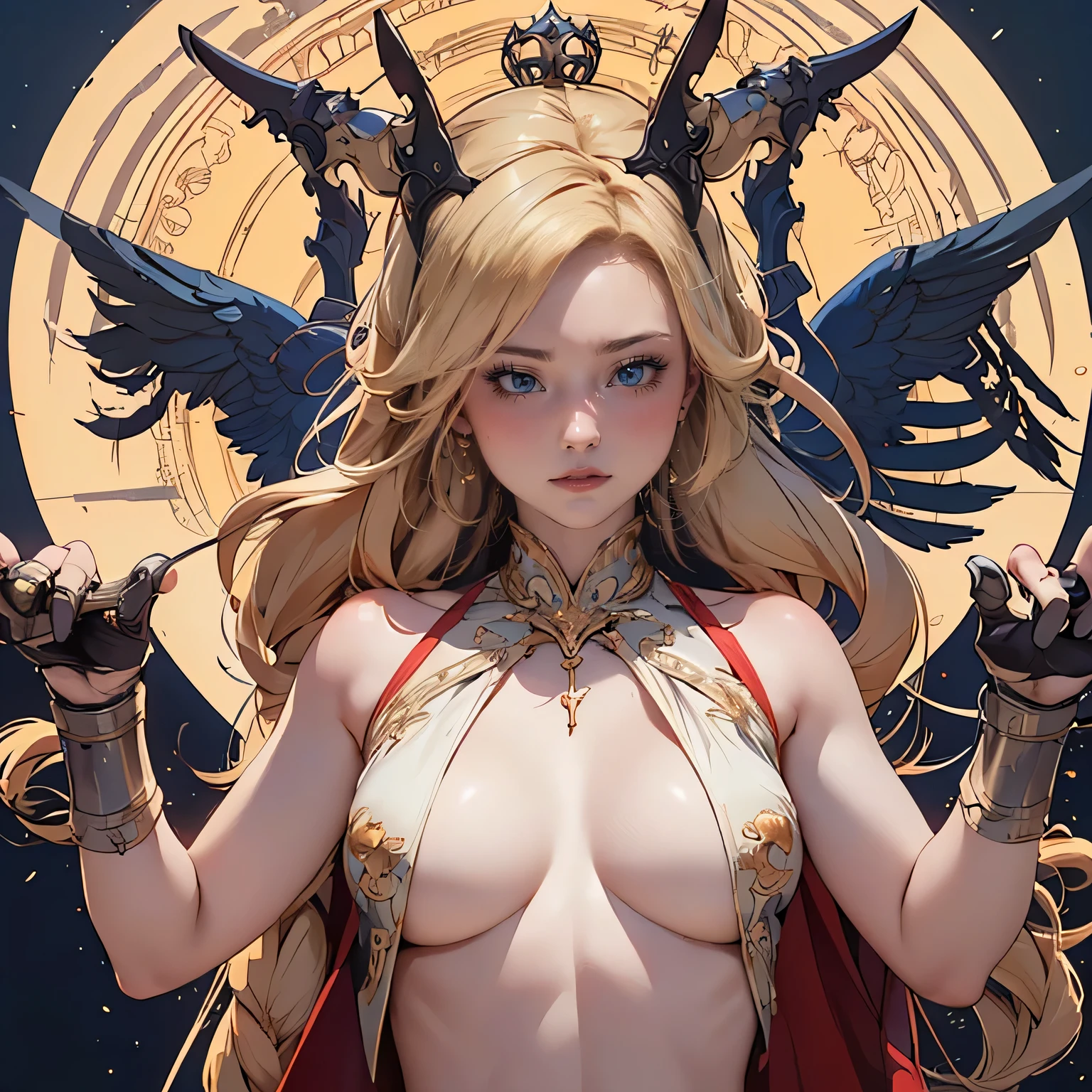 (high definition symmetrical art), aerial angle, (mechanical, complex body), ((huge god's weapon has female face's outline embedded, Art Nouveau, round face, smiling, small breasts)), drooping eyes, blush, blond, braid,