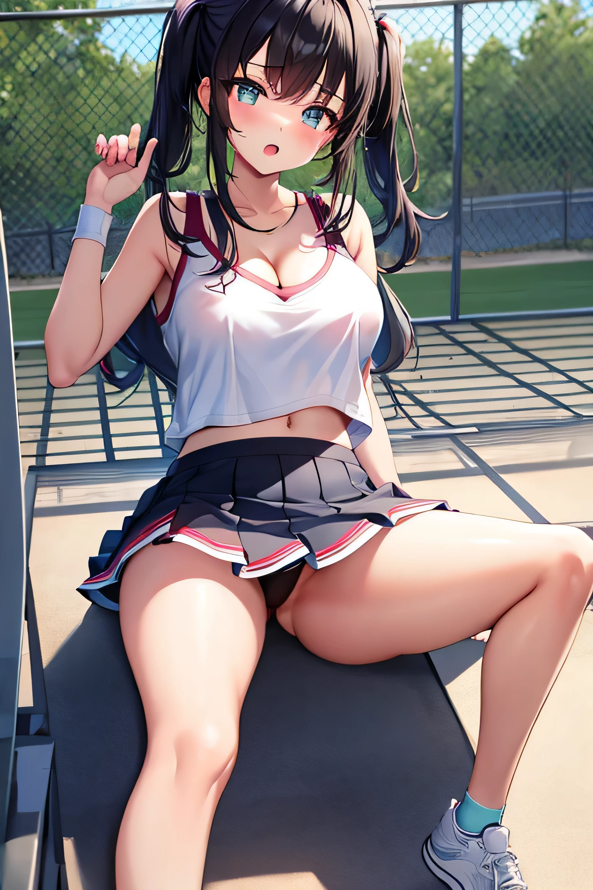 masterpiece、best image quality、ultra high resolution、age girl with big breasts、twin tail hairstyle、black hair、red face、shyly、mock、Open your mouth just a little、Tennis wear for teengirls that shows cleavage、tennis for teenage s、sitting on the bench、on the tennis court