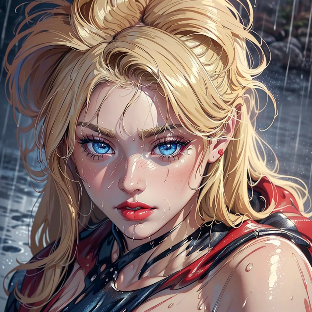 (Best quality, 4K, masterpiece :1.Beutiful women, 1 Sister, (, attractive body :1.2), Abs :1.1, blonde hair: 1.1, messy hair, (rainy wet, wet from rain, Soaked :1.2),big beasts, The face very detailed, detailed lips, full lips, red lipstick, detailed eyes, blue eyes,double eyelid, red clothing